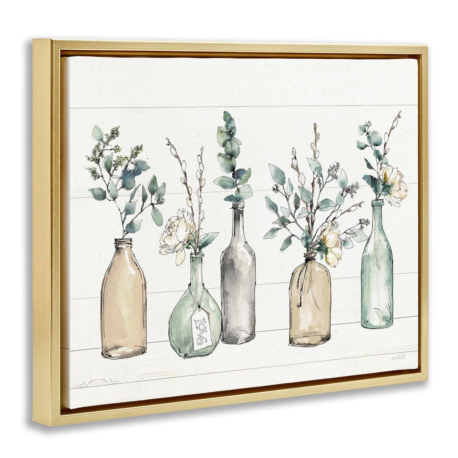 Stupell Industries Bottles And Plants Farm Wood Textured Design Metallic Gold Framed Floating Canvas Wall Art, 16x20, by Anne Tavoletti