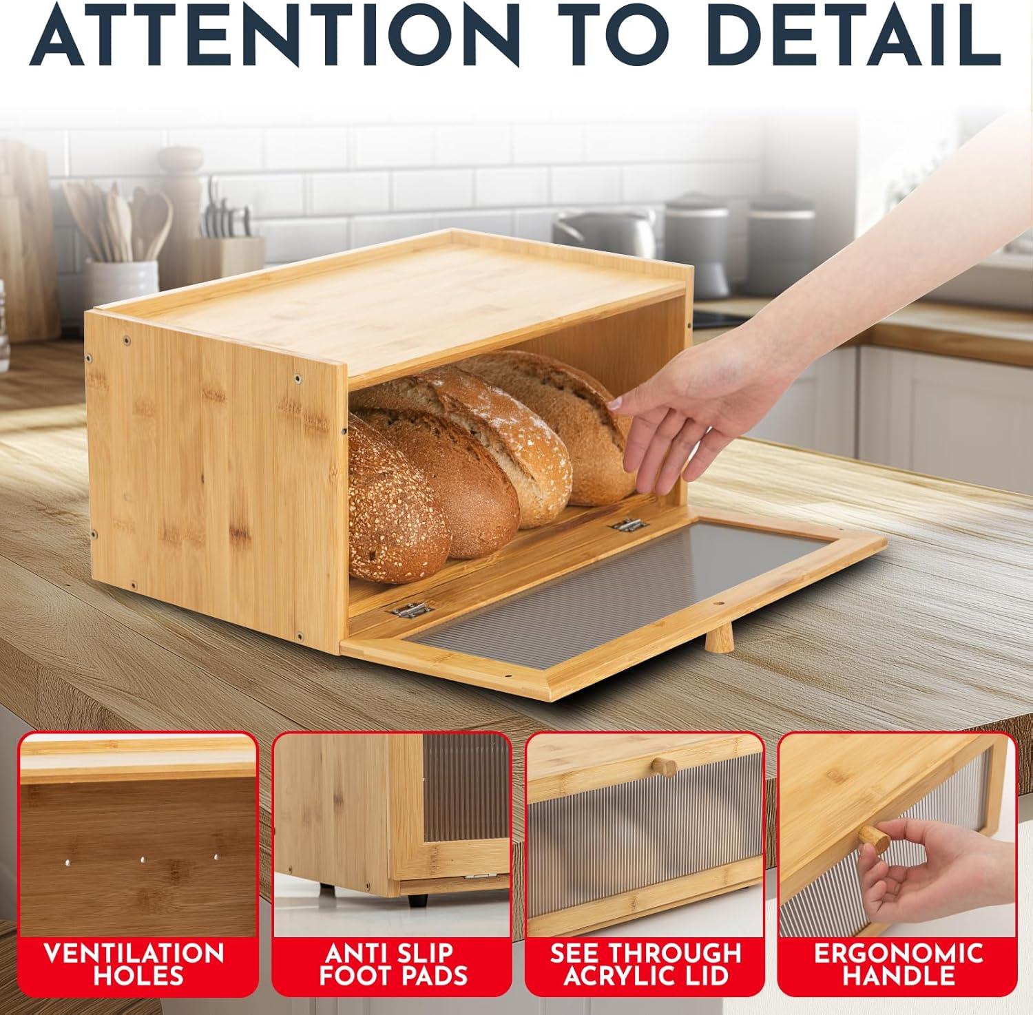 Culinary Couture Bamboo Bread Box for Kitchen Countertop - Large Capacity Storage BreadBox for Homemade Bread with Acrylic Window and Extra Top Storage