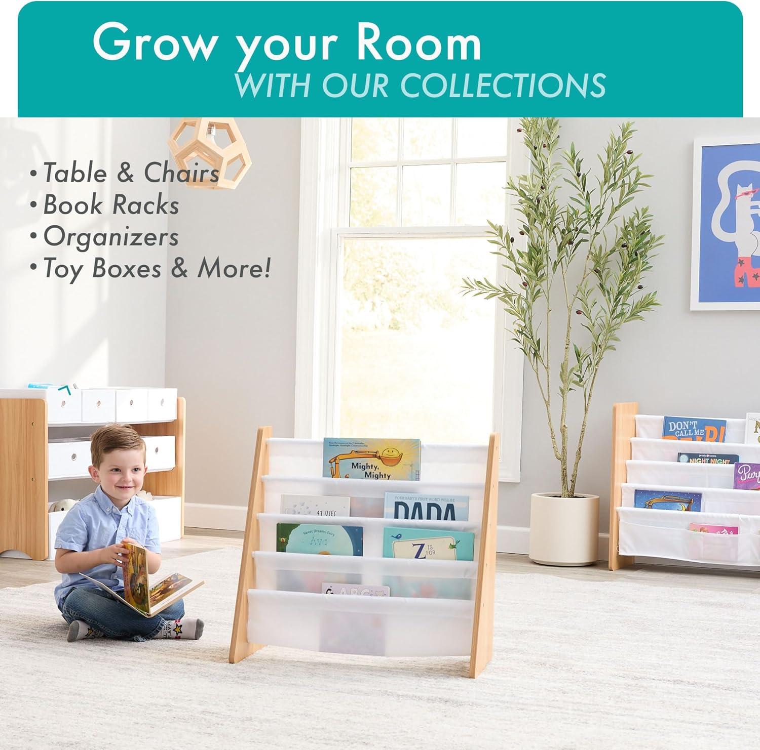 Humble Crew 4-Tier Kids Bookshelf, Natural Wood/White - Premium Book Shelf for Kids Rooms with Four Deep Pockets - Toddler Sling Book Rack with Deep Sleeves, Nursery Bookcase Organizer