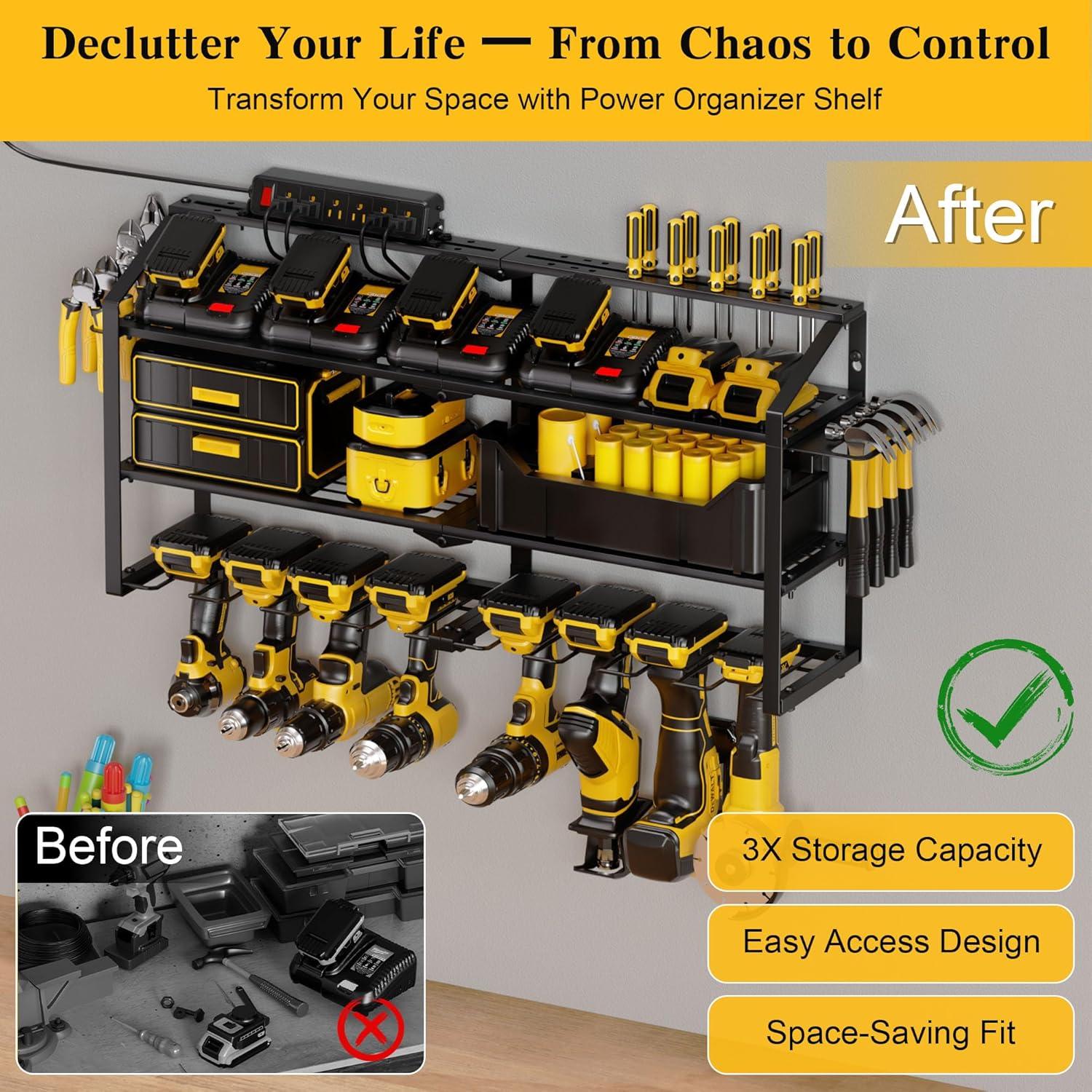 Spampur Power Tool Organizer Wall Mount with Charging Station, Garage Tool Shelf 6 Drill Holders, Tool Battery Holder with Plier holder Heavy Duty Rack, Tool Storage Rack with 4 Outlet Power Strip