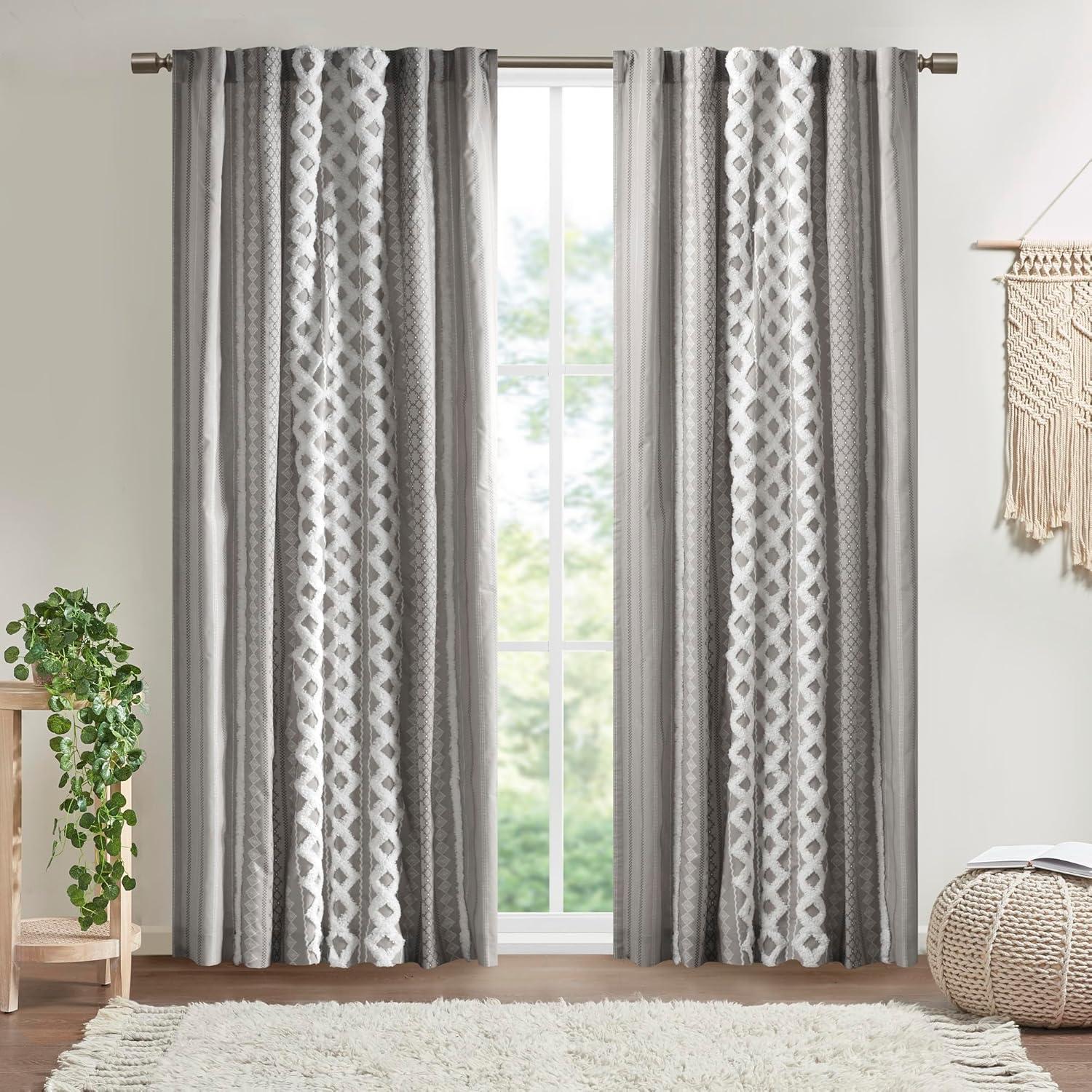 INK+IVY Imani Cotton Printed Boho Single Curtain Panel with Chenille Stripe and Lining