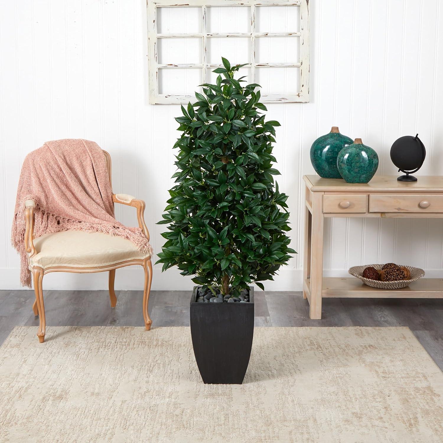 Nearly Natural 56-in Bay Leaf Cone Topiary Artificial Tree UV Resistant in Black Planter (Indoor/Outdoor)