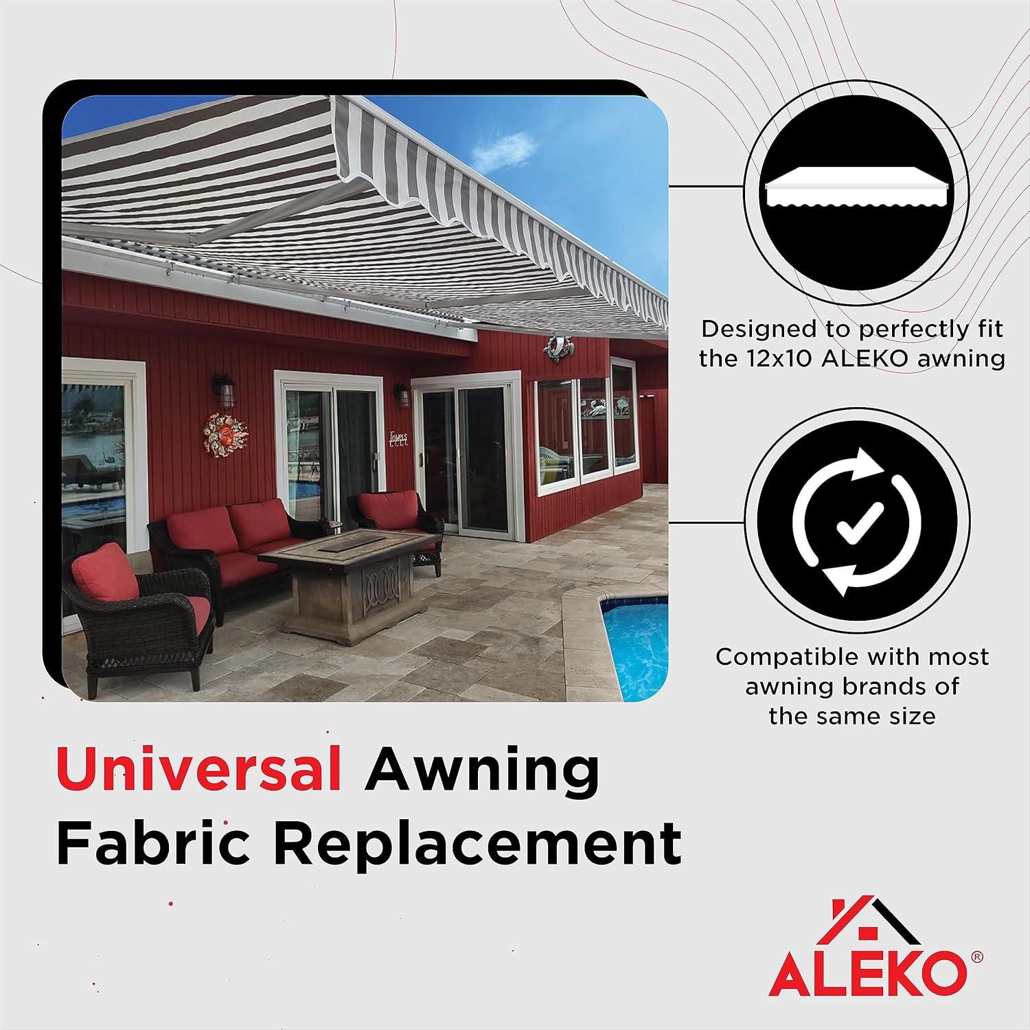 ALEKO 12'x10' Retractable Awning Fabric Replacement, Grey and White Striped Color