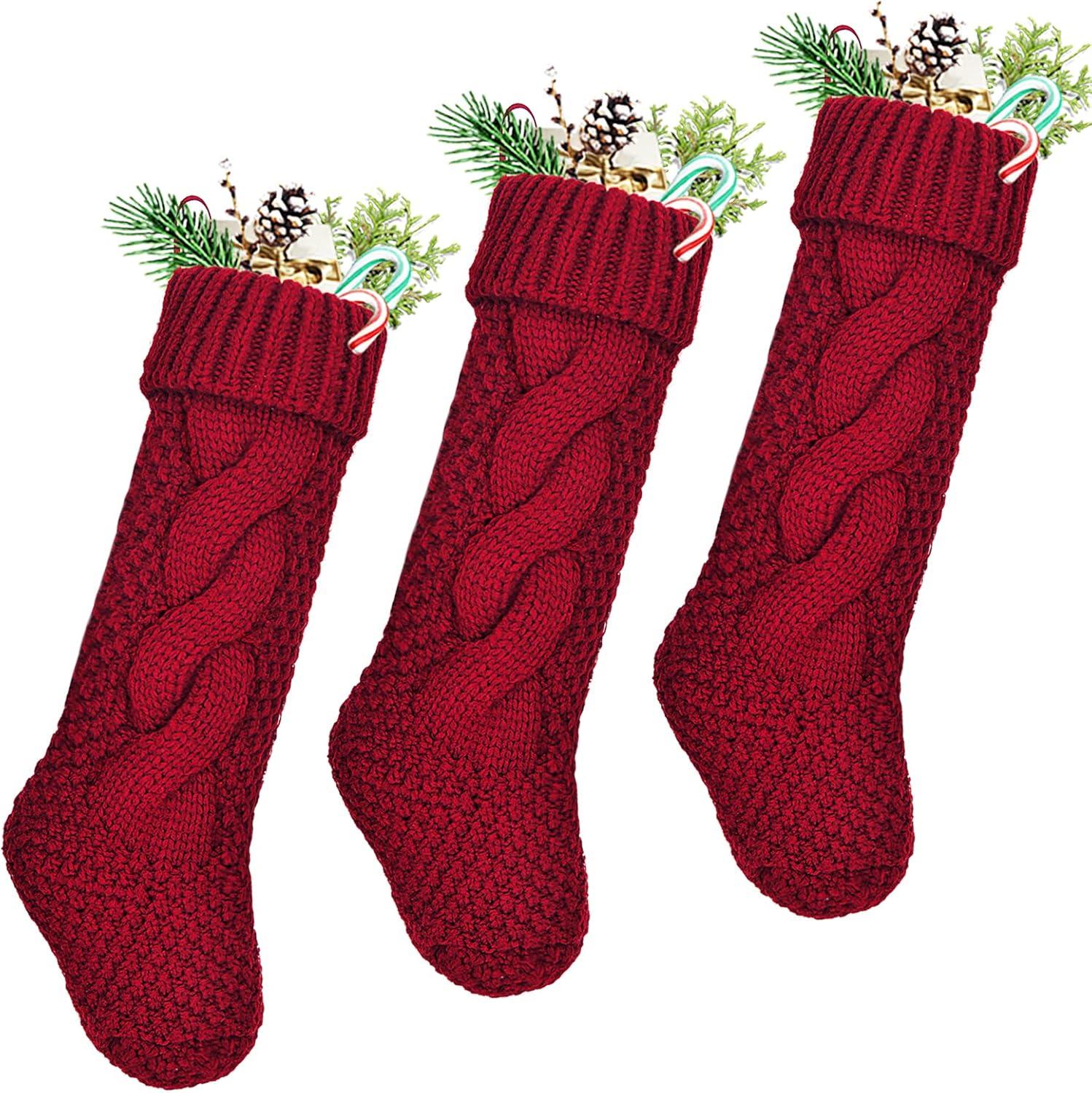 Deago Christmas Stockings, 3 Pack Personalized Christmas Stocking 18" Large Size Cable Knitted Stocking Gifts & Decorations for Family Holiday Xmas Party (Multi-color)