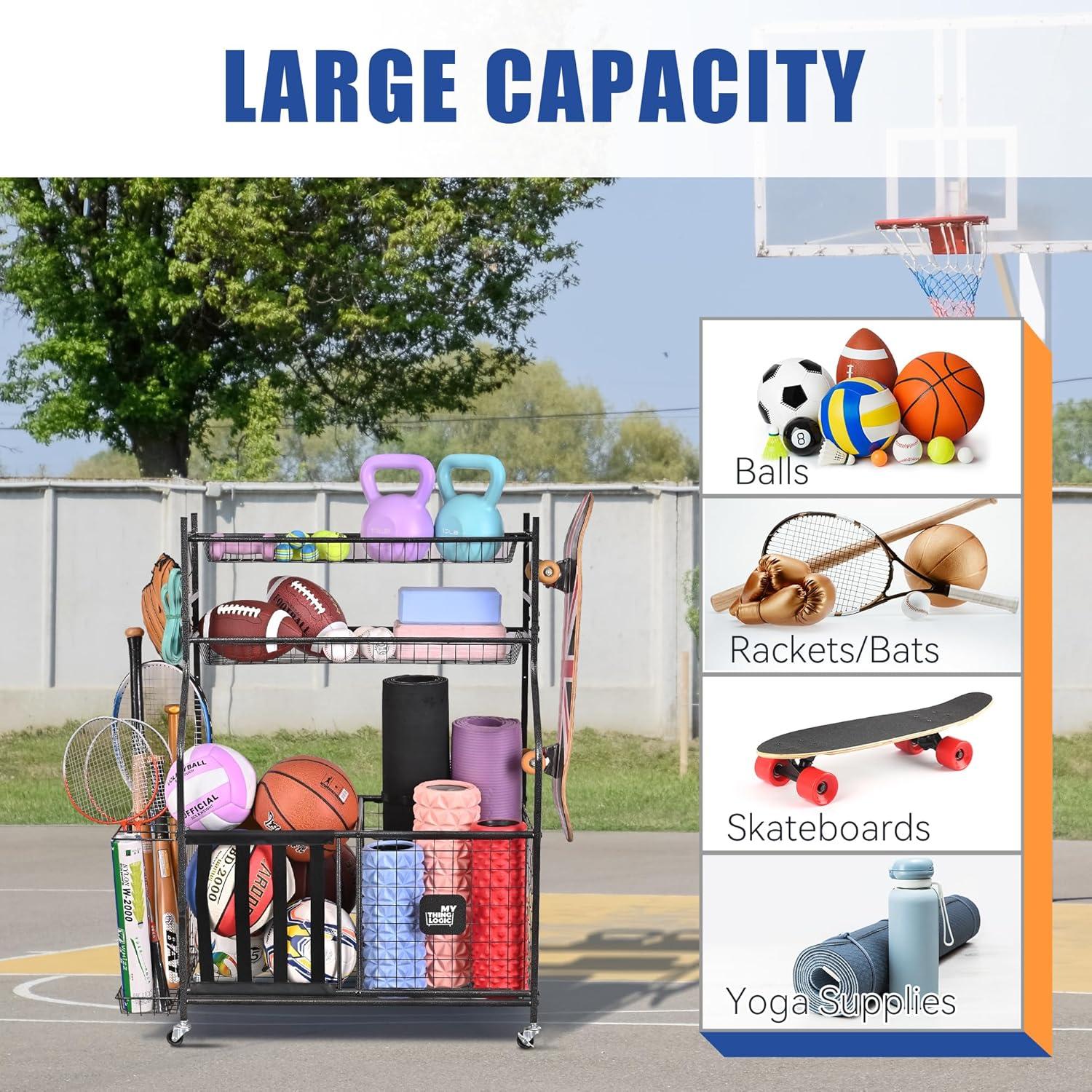 Mythinglogic Garage Storage System, Garage Organizer with Baskets and Hooks, Sports Equipment Organizer for Sports Gear/Toys,Garage Ball Storage