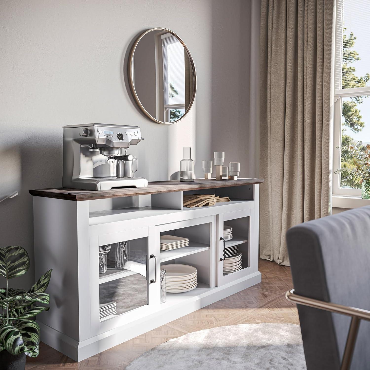 BELLEZE Modern 60 Inch Traditional TV Stand & Media Entertainment Center Console Table for TVs up to 65 Inches with Open Storage Shelves & Cabinets - Cayman (White)