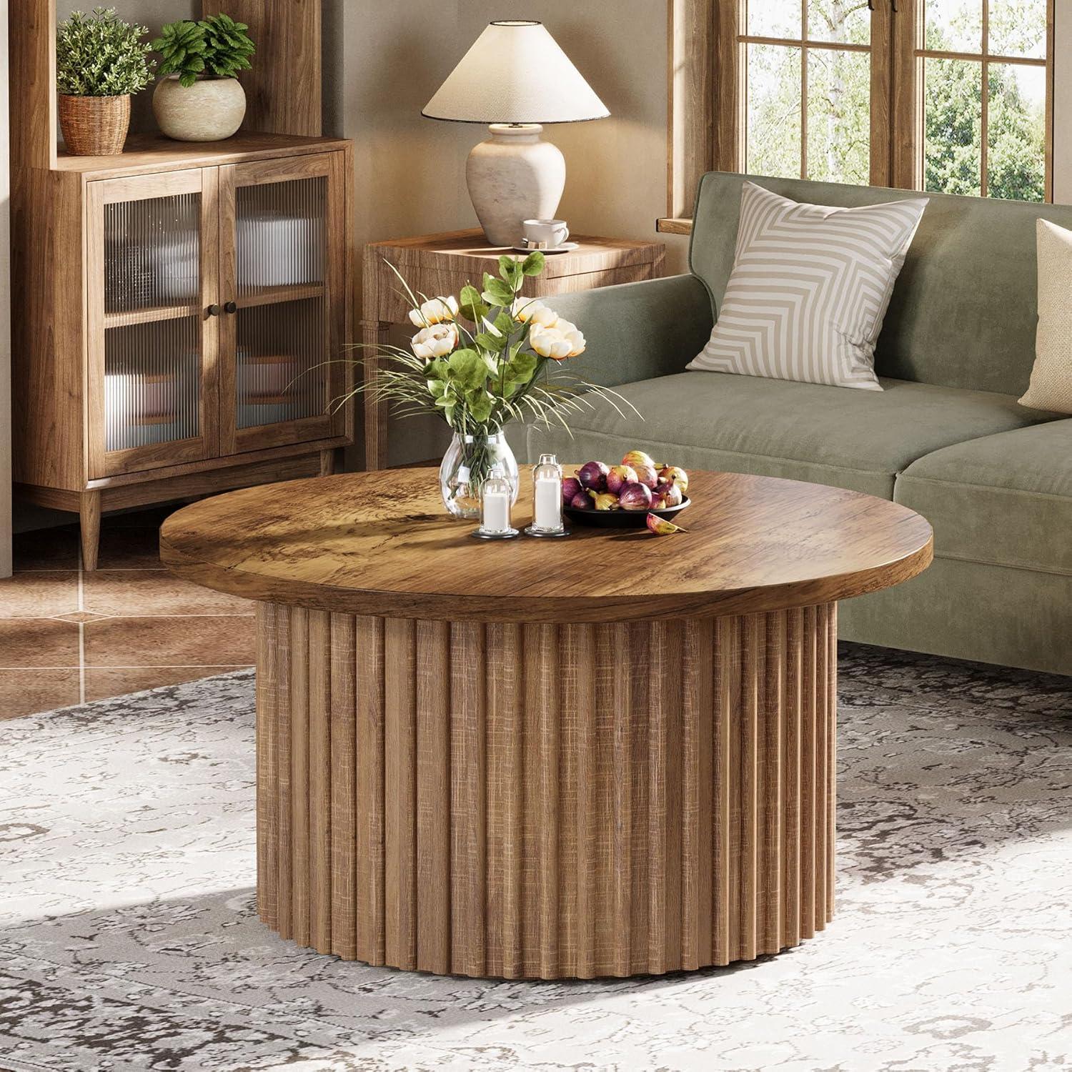 Resenkos Center Coffee Table, Living Room Table,31.5" Coffee Table, Farmhouse Circle Center Table Sofa Side Table Brown