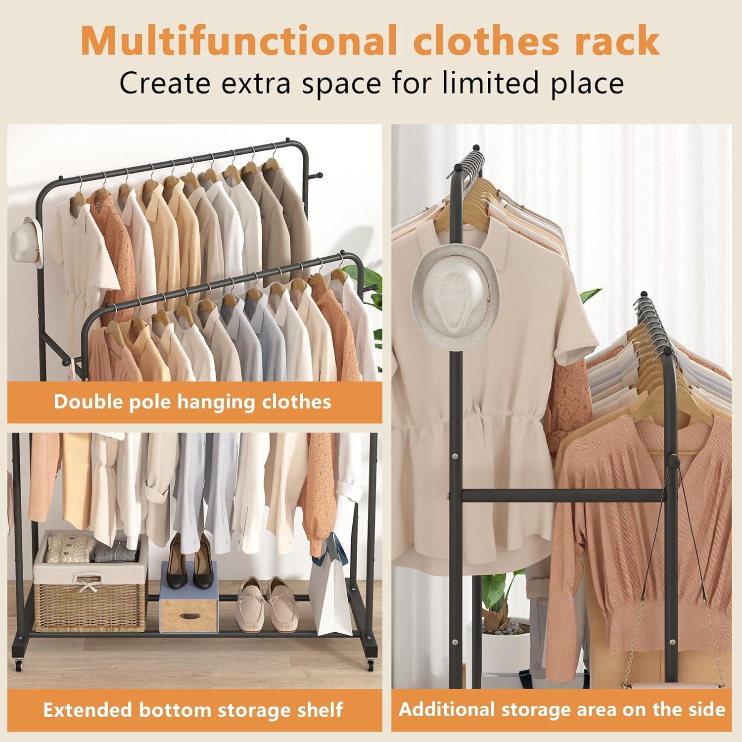 Black Double Rods Garment Rack with Wheels and Hooks