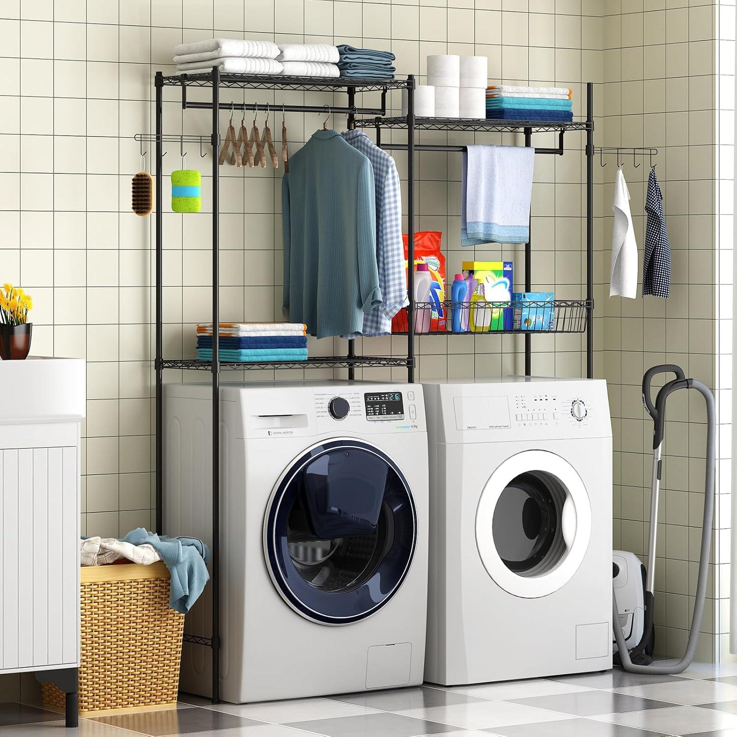 Kselythan Over Washer and Dryer Shelves,57.4" W Heavy Duty Laundry Room Storage Organization Clothes Drying Rack,Height Adjustable Towel Racks with Hamper and Hooks,Space Saving Shelf