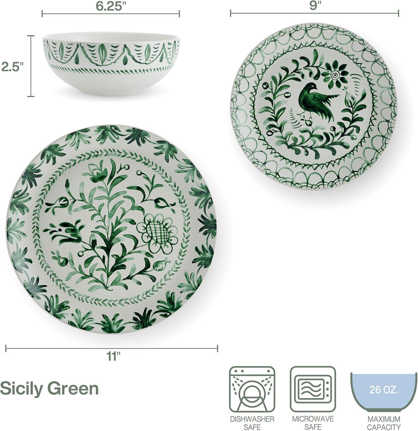 Sicily Green and White Ceramic 12-Piece Dinnerware Set