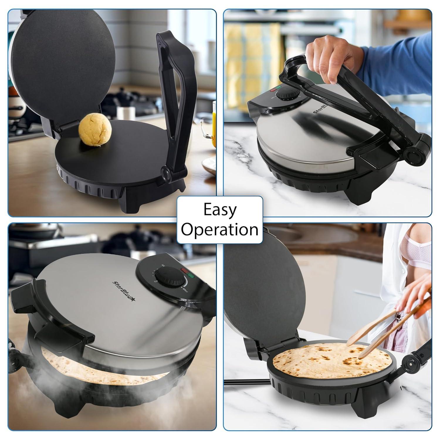 10inch Roti Maker by StarBlue with FREE Roti Warmer - The automatic Stainless Steel Non-Stick Electric machine to make Indian style Chapati, Tortilla, Roti AC 120V 50/60Hz 1200W