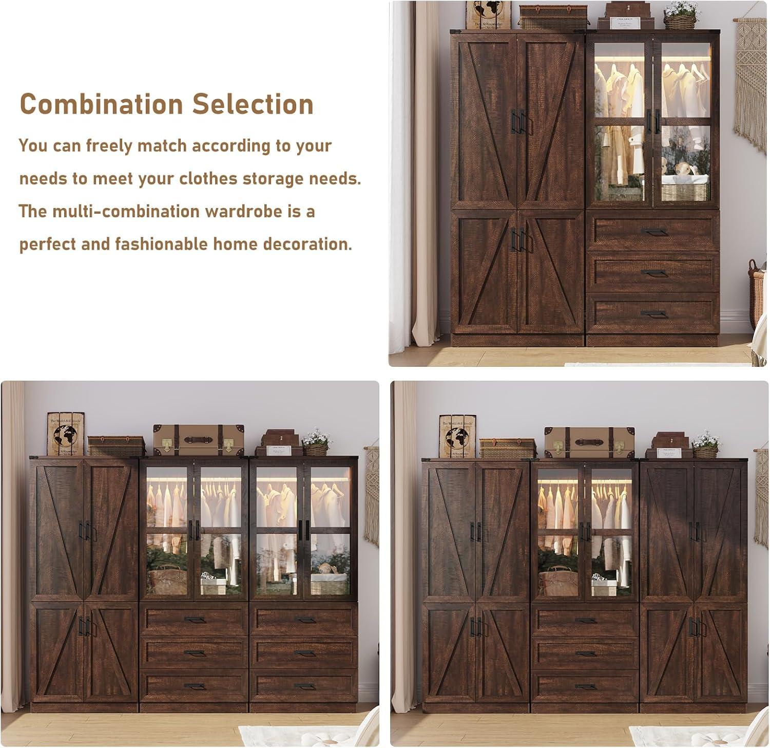 Ivy Bronx 75" Tall Farmhouse 2 Doors Armoire Wardrobe Closet with 3 Drawers and LED,Freestanding Closet