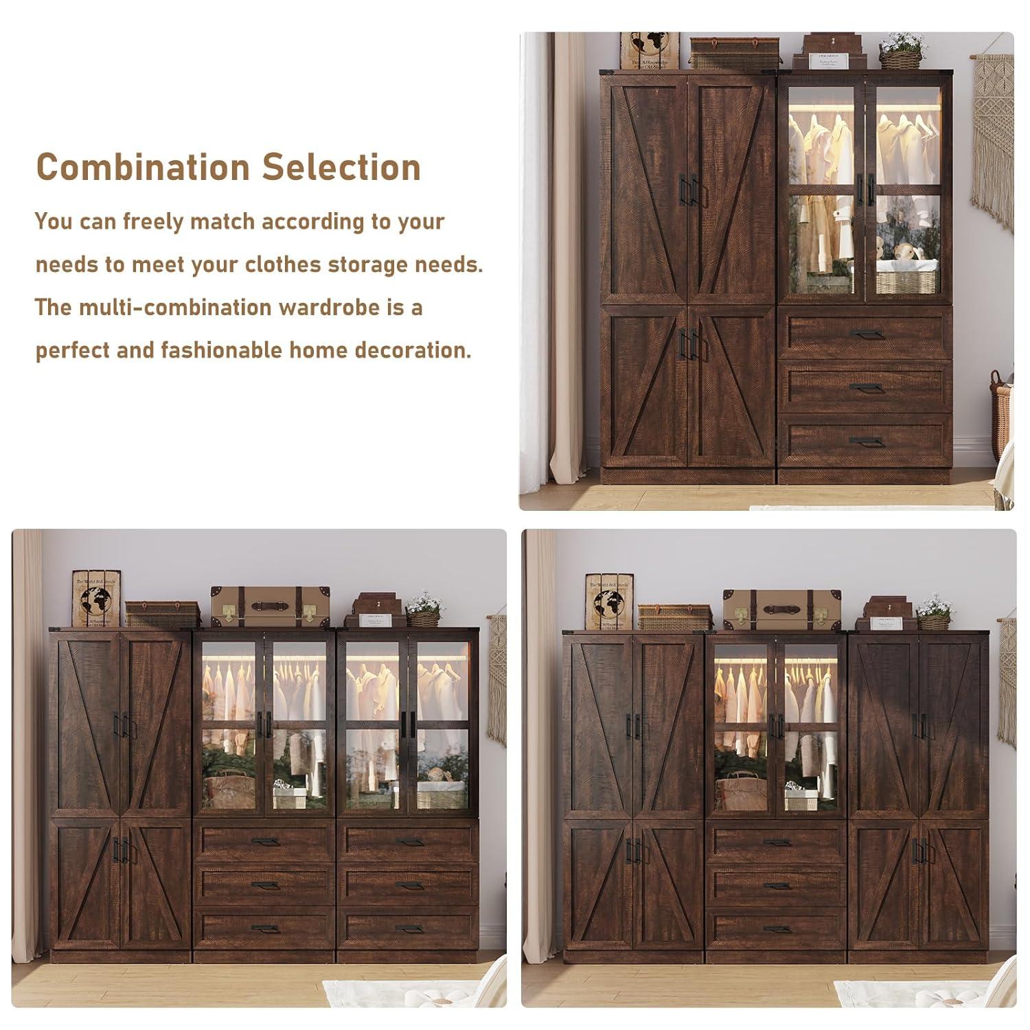Ivy Bronx 75" Tall Farmhouse 2 Doors Armoire Wardrobe Closet with 3 Drawers and LED,Freestanding Closet
