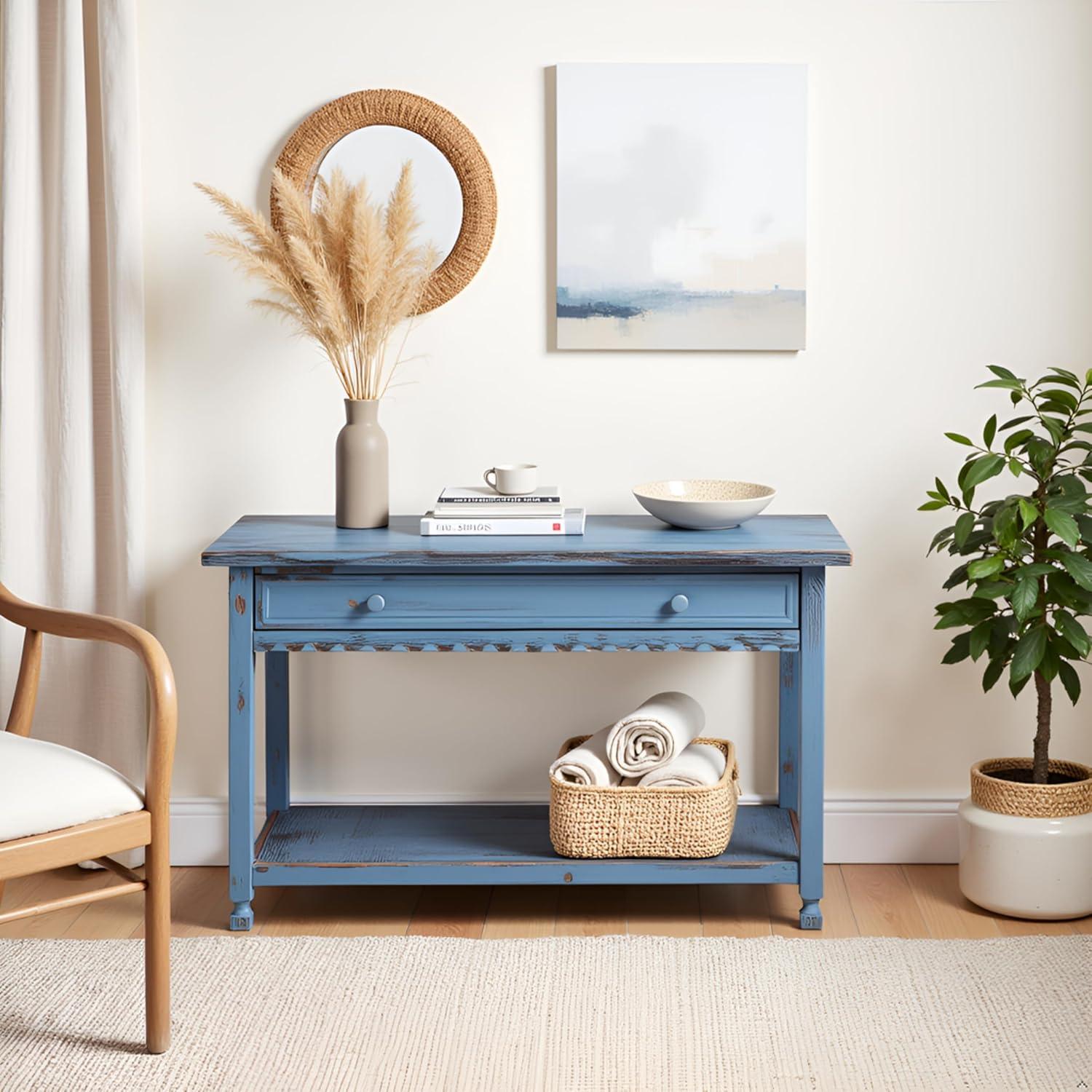 Alaterre Furniture Country Cottage Media/Console Table, Solid Pine Wood Perfect for Living Room, Entryway, Hallway, Blue Antique Finish