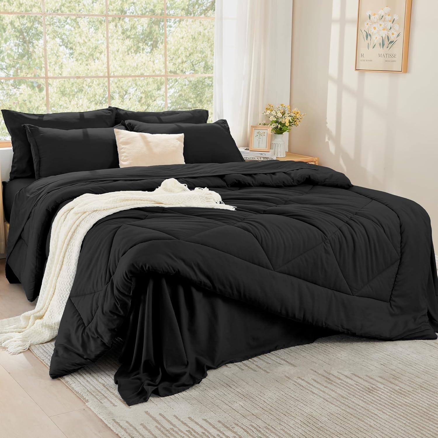 Litanika Black King Size Comforter Set with Sheets - 7 Pieces Bed in a Bag King Beddding Sets, Solid Lightweight Reversible Bed Set with Comforter, Sheets, Pillowcases & Shams