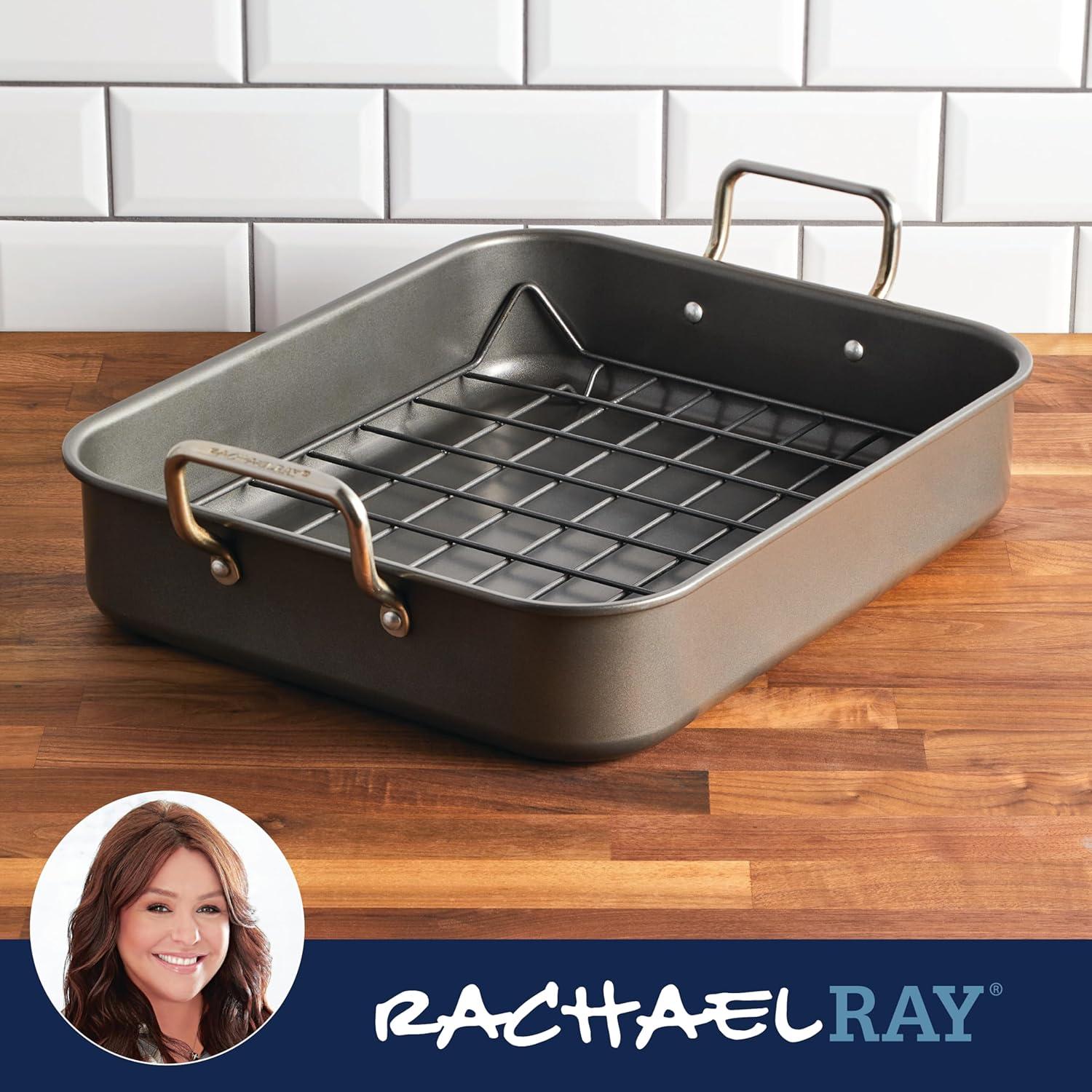 Rachael Ray 16" x 13" Roaster with Dual-Height Rack: Nonstick Carbon Steel Turkey Pan, Riveted Handles, Oven-Safe 450°F