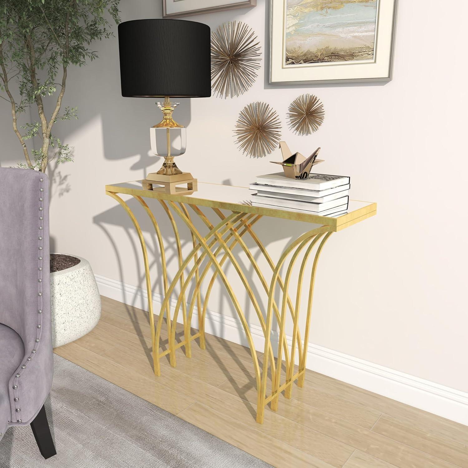 Elegant Gold Metal & Mirrored Glass Art Deco Console Table