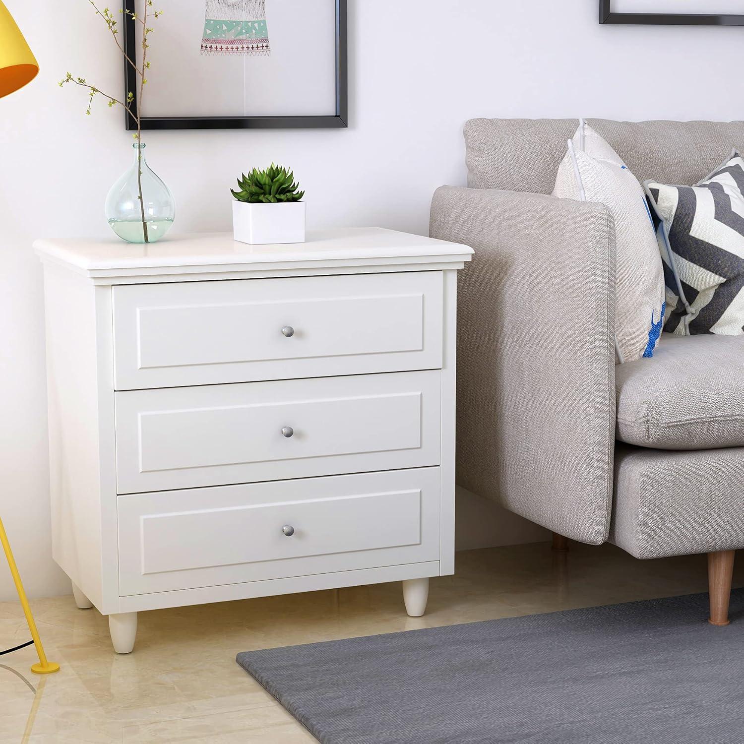 AWQM 3 Drawers Nightstand, with Wood Legs,Modern White Drawers Dresser Bedside Nightstand,Ideal for Bedroom,Living Room, 15.75" D x 21.65" W x 23.6" H,White