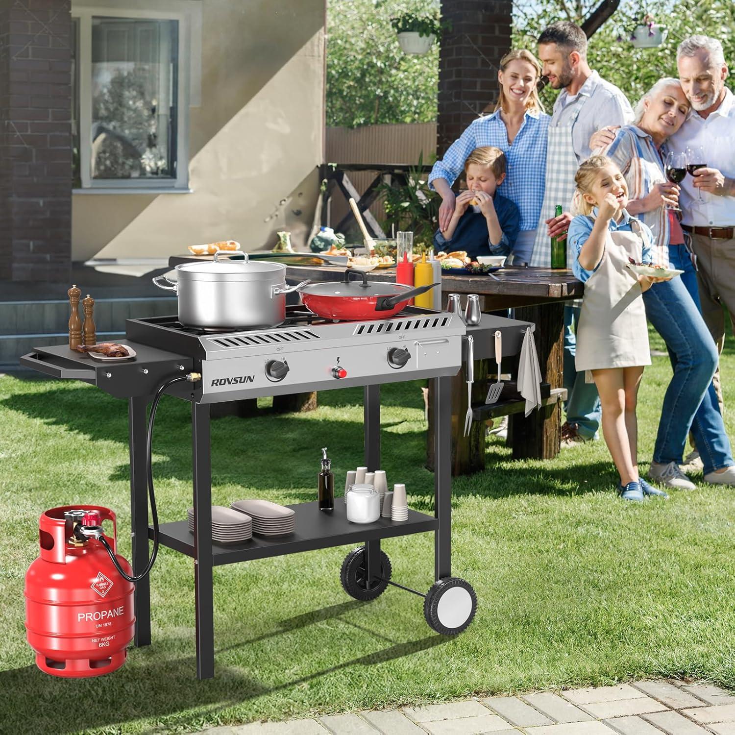 ROVSUN 2 Burner Outdoor Propane Gas Stove with Ignition, Regulator & Shelf, 150,000 BTU Powerful Cooker for Backyard Patio Cooking Home Canning Frying