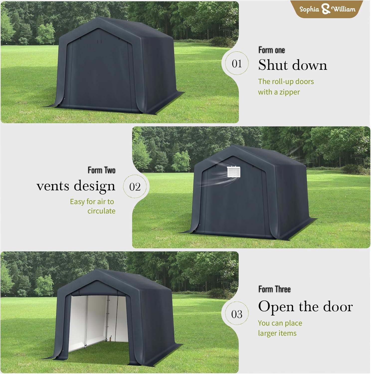 Alpha Joy 8 x 12 x 7.3ft Outdoor Storage Shed Heavy Duty Portable Carport Canopy Shelter, for Bike, Motorcycle, Garden Storage