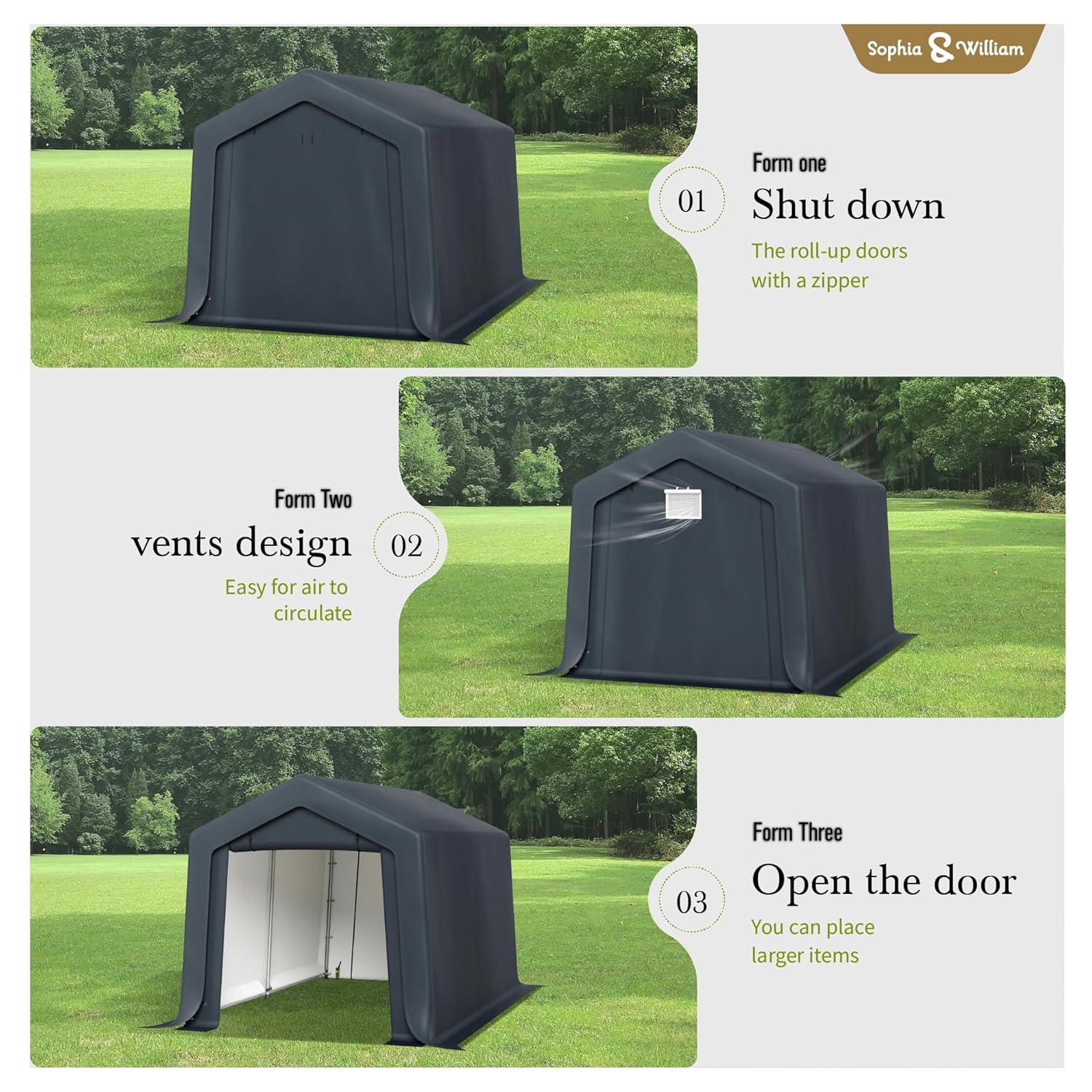 Alpha Joy 8 x 12 x 7.3ft Outdoor Storage Shed Heavy Duty Portable Carport Canopy Shelter, for Bike, Motorcycle, Garden Storage