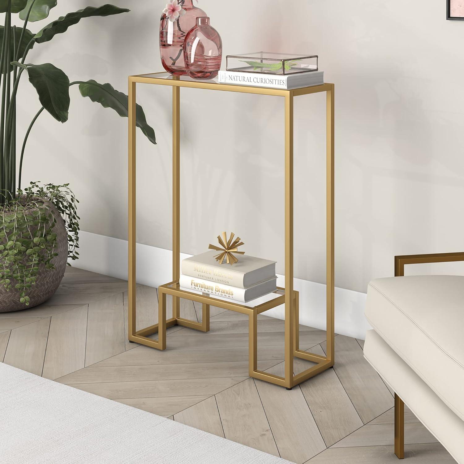 Athena Brass 22" Wide Mini Console Table with Tempered Glass Shelf