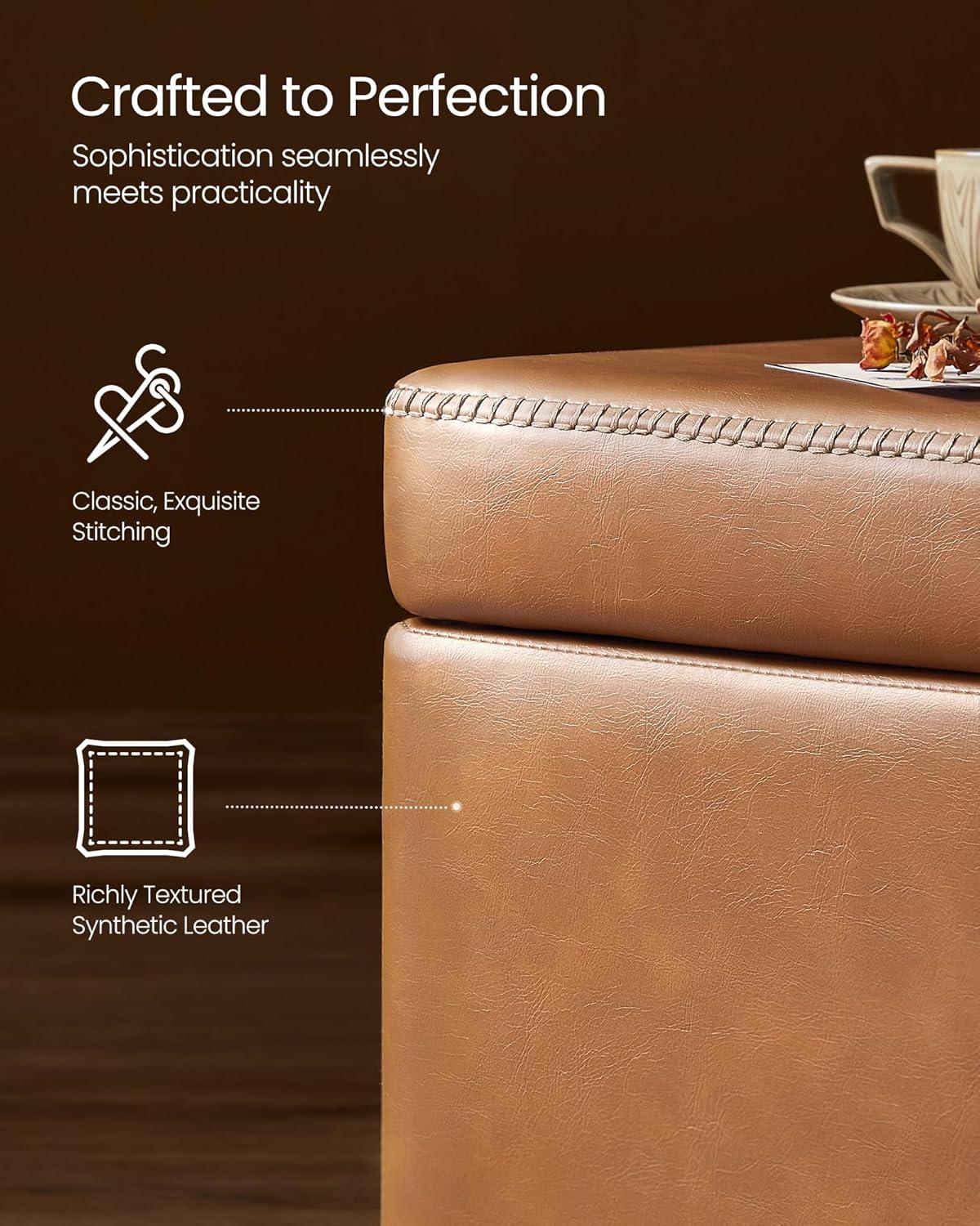 Caramel Brown Synthetic Leather Storage Ottoman Bench