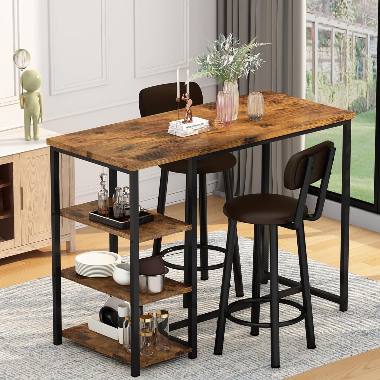 Whizmax Bar Table Set for 2 with Footrest, Kitchen Dining Table with 2 Upholstered Chairs, Small Space Counter Height Barstools for Counter Bar, Brown
