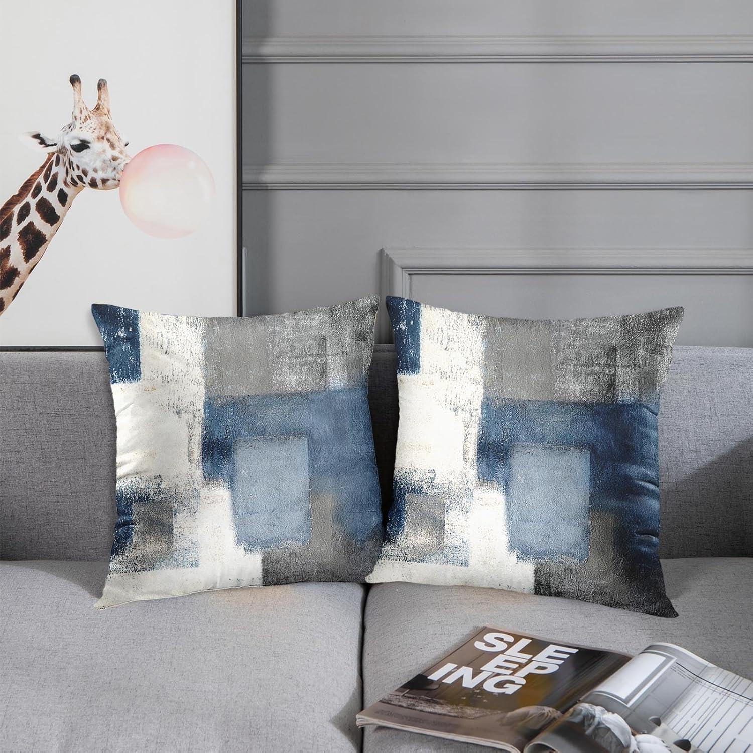 Modern Abstract Blue and Gray Polyester Throw Pillow Covers, 20x20 Inches, Set of 2