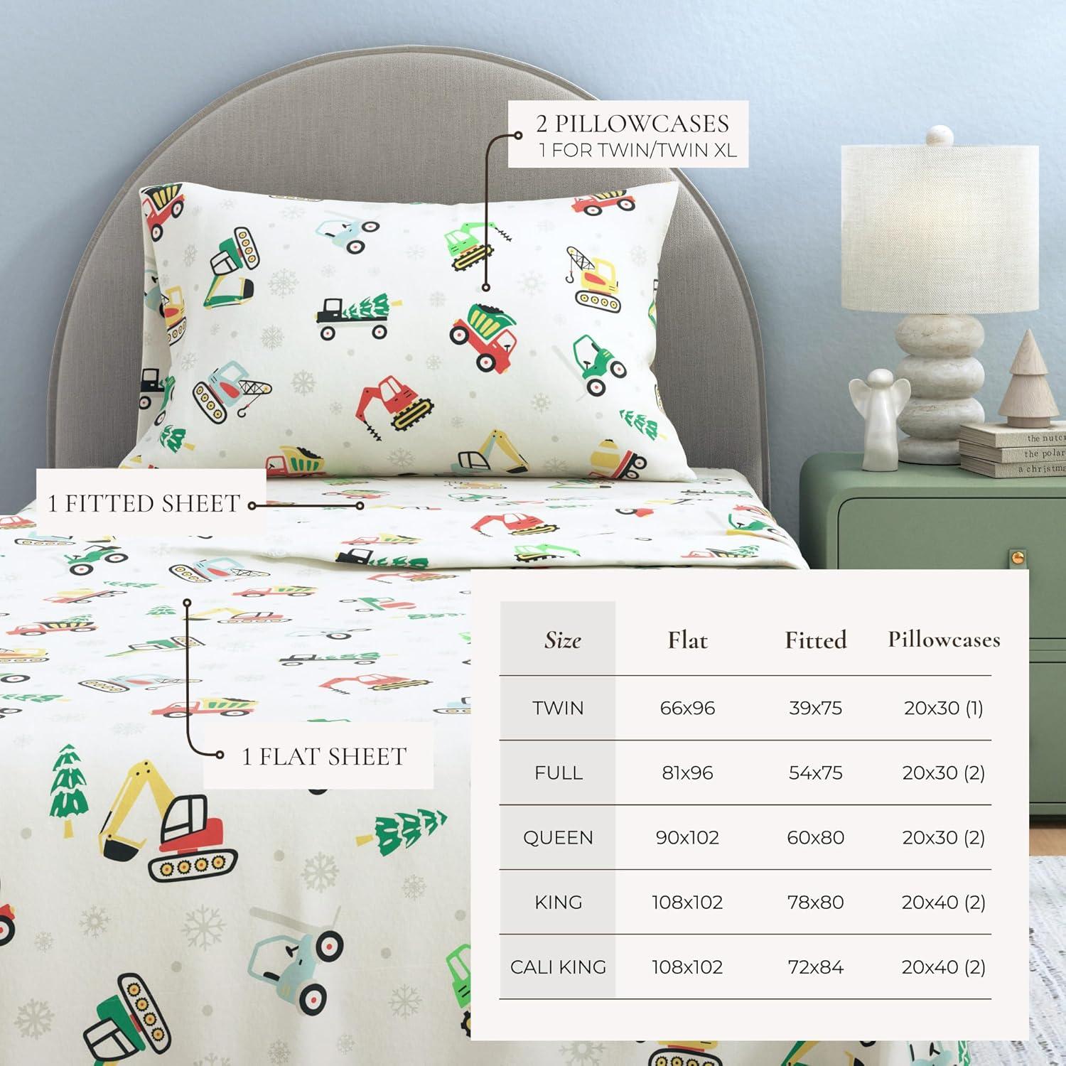 100% Cotton Christmas Flannel Sheets - Great Bay Home (Twin, Christmas Toy Trucks)