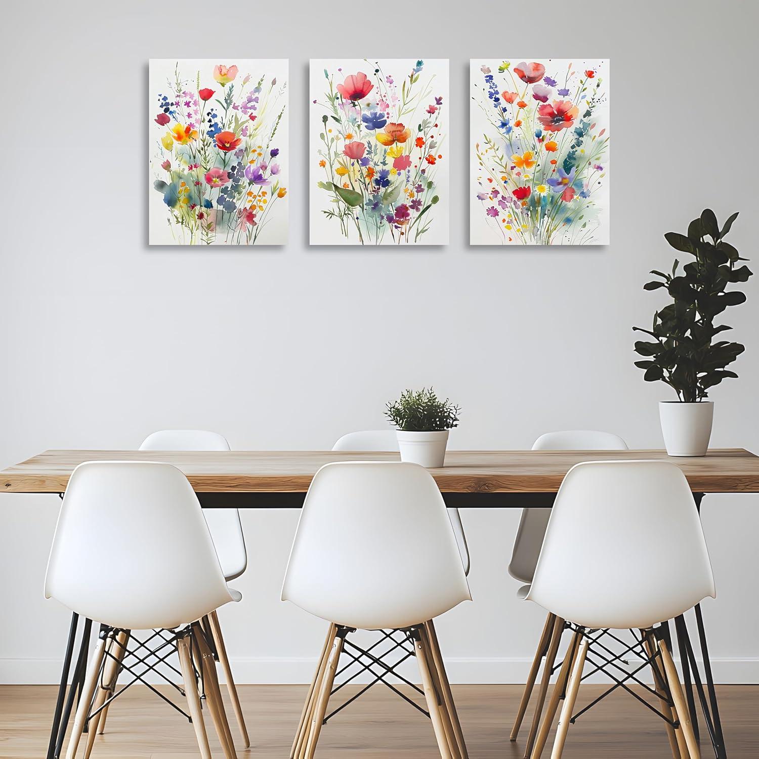 JRXY 3 Pcs Framed Watercolor Floral Botanical Canvas Wall Art Colorful Wildflower Plant Paintings Prints Posters 12x16 in