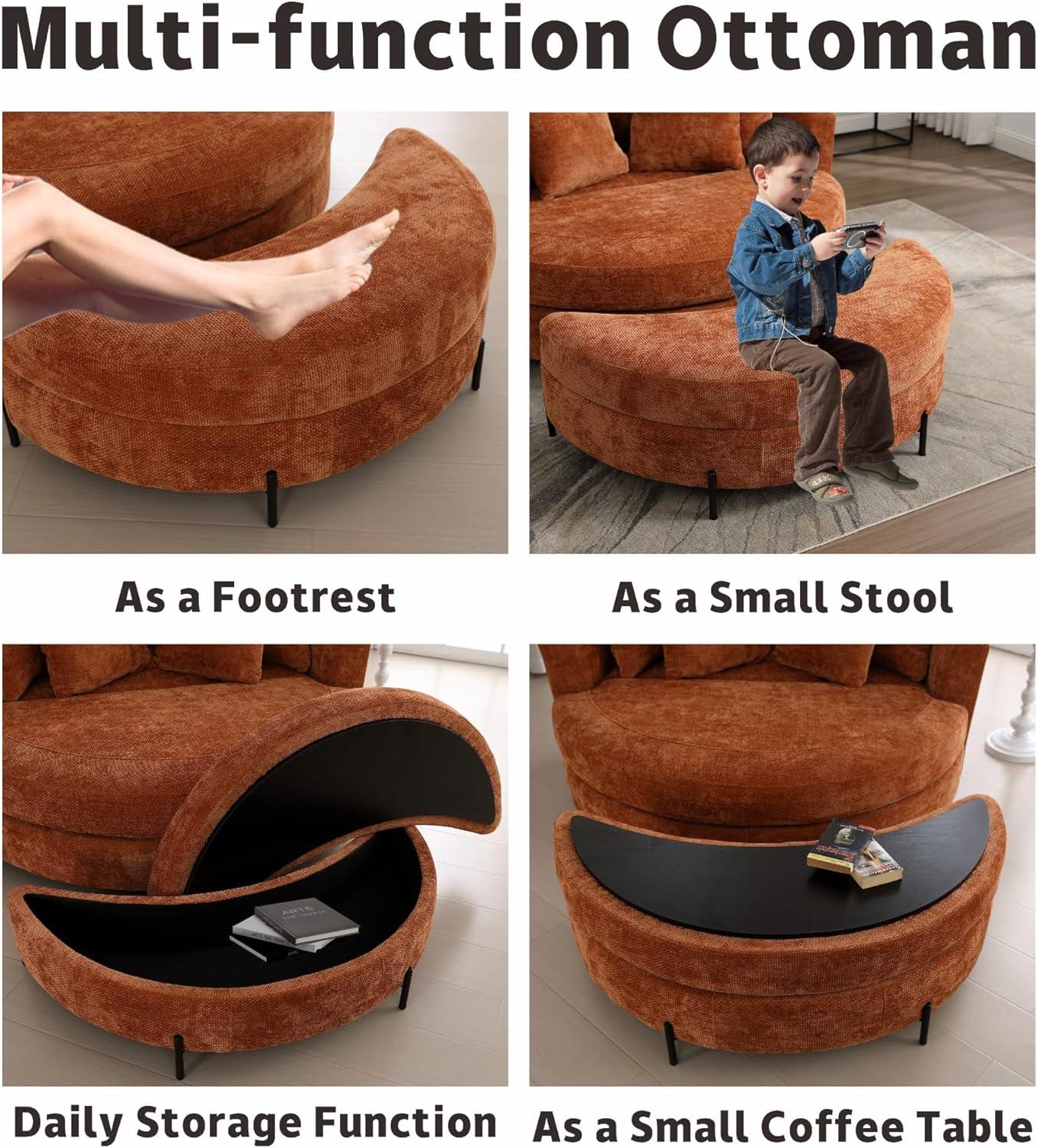 Sinzho & Wiyfun 59.8" W Upholstered Oversized Round Barrel Chair Extra Large Accent Chair with Half Moon Storage Ottoman & Wheels & 5 Pillows for Living Room, Knitted Chenille Fabric, Burnt Orange