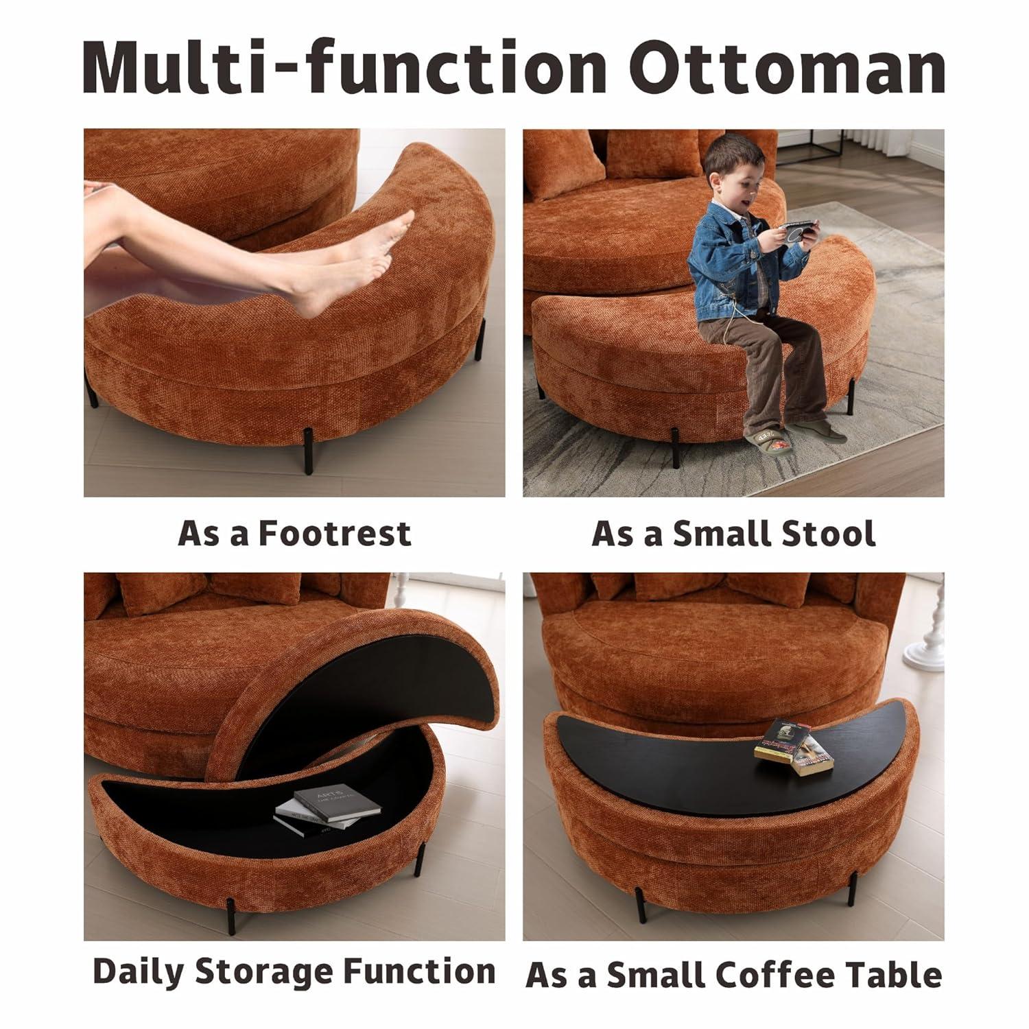 Sinzho & Wiyfun 59.8" W Upholstered Oversized Round Barrel Chair Extra Large Accent Chair with Half Moon Storage Ottoman & Wheels & 5 Pillows for Living Room, Knitted Chenille Fabric, Burnt Orange