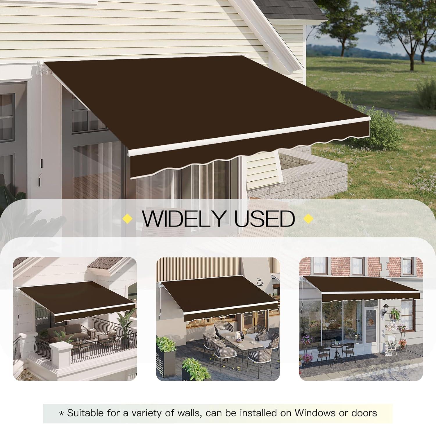 Brown 10'x8' Retractable Patio Awning with Aluminum Frame