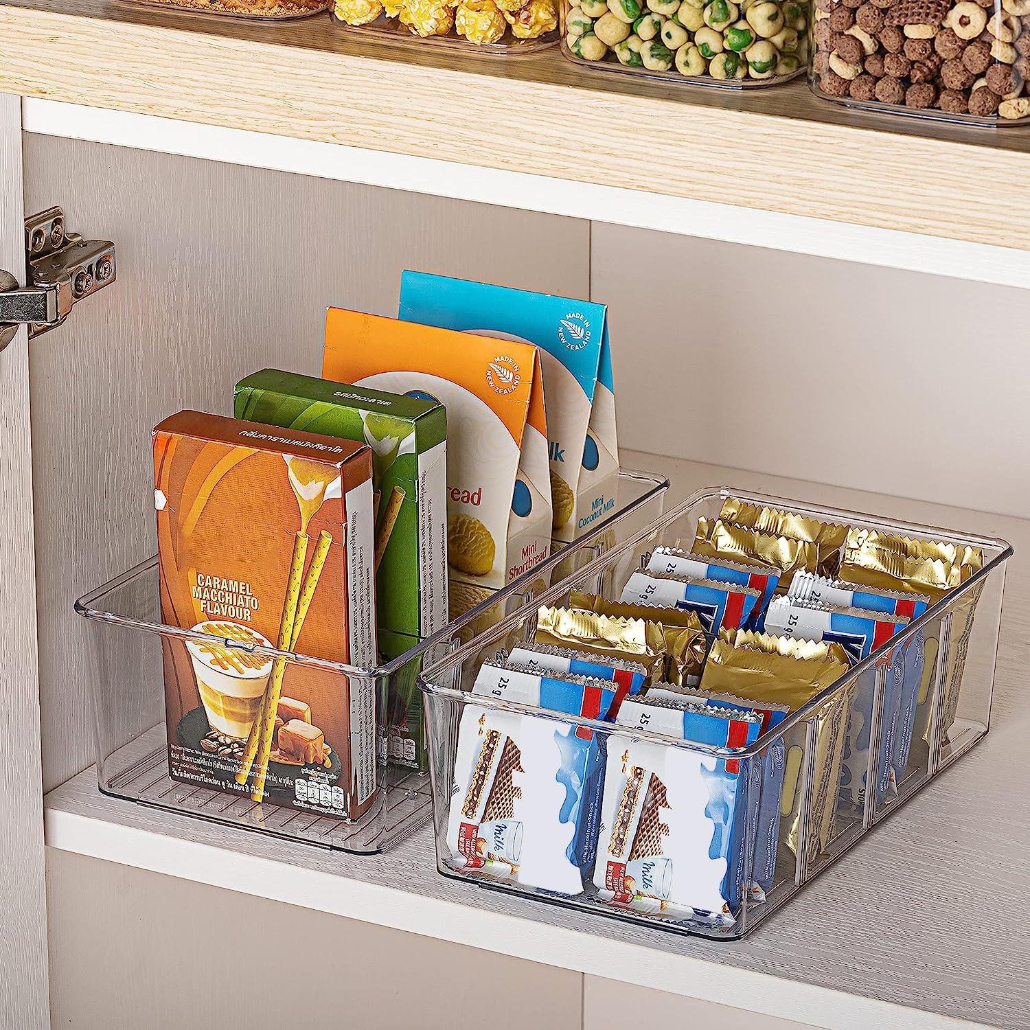 Vtopmart 4 Pack Food Storage Organizer Bins, Clear Plastic Bins for Pantry, Kitchen, Fridge, Cabinet Organization and Storage, 4 Compartment Holder Packets, Snacks, Pouches, Spice Packets C49