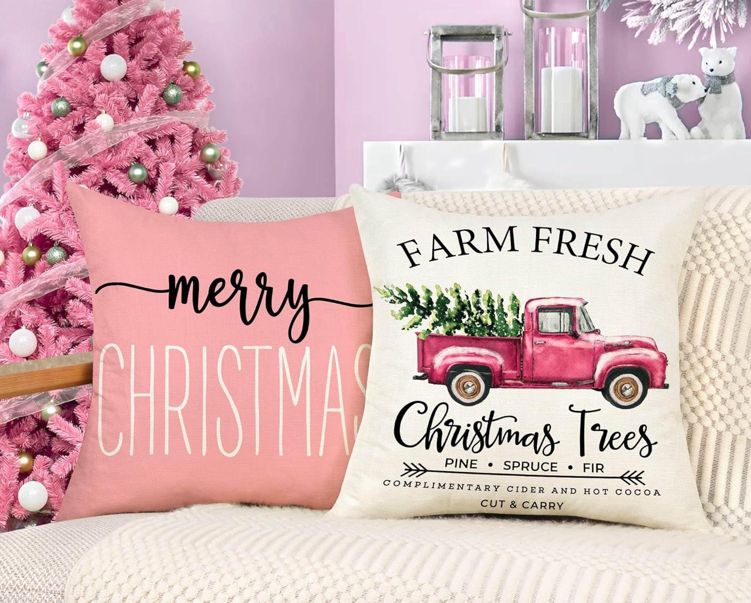 Pink Christmas Pillow Covers 18 x 18 Inch Set of 4 Striped Christmas Decorations Pink Christmas Tree Santa Claus Farmhouse Holiday Hello Winter Let it Snow Throw Pillows Cushion Case for Sofa Couch