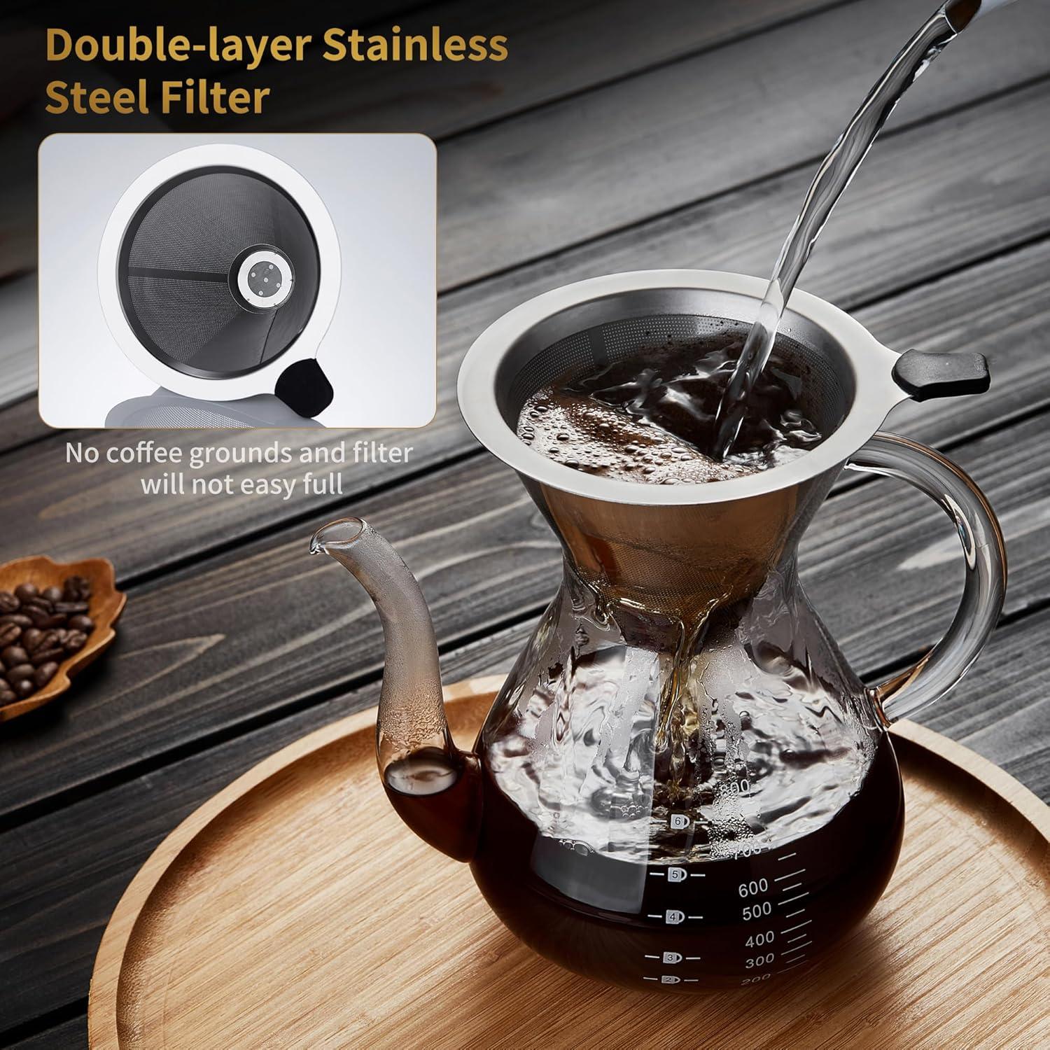 Clear Borosilicate Glass Pour Over Coffee Maker with Stainless Steel Filter