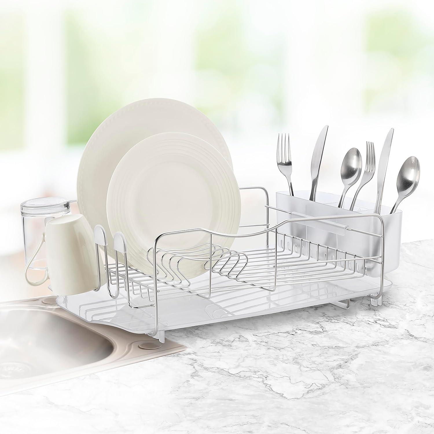 Stainless Steel and Plastic 3-Piece Dish Rack with Utensil Holder