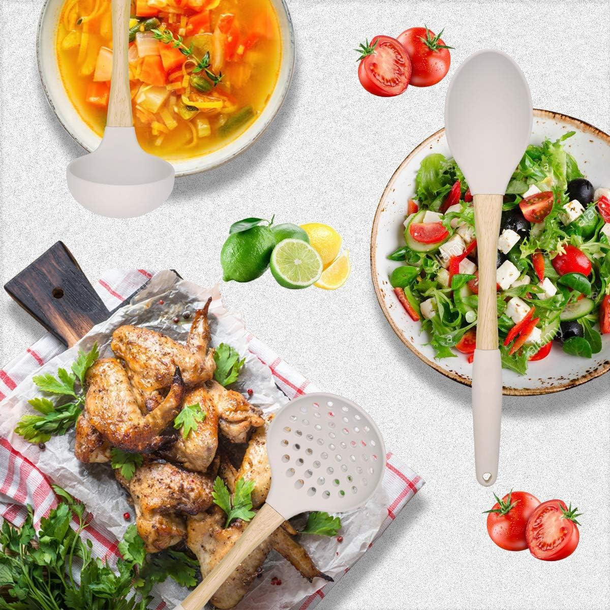 Cooking Utensils Set, VICKITCHEN 6 Piece Silicone Kitchen Utensils with Natural Wooden Handle, Nonscratch Ergonomic Kitchen Tool Set for Nonstick Cookware White