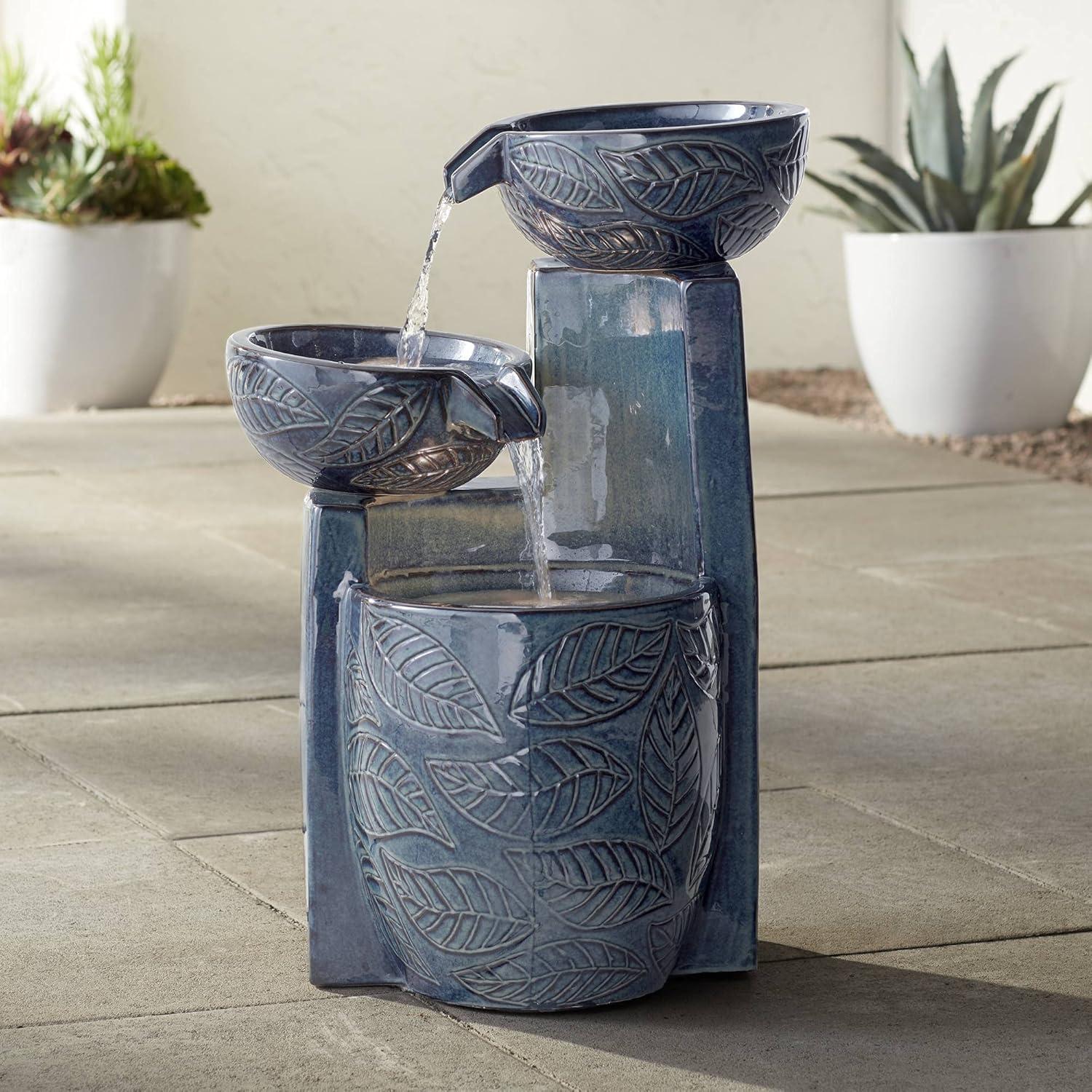 Midnight Blue Ceramic Cascading Bowls Outdoor Fountain with LED Light