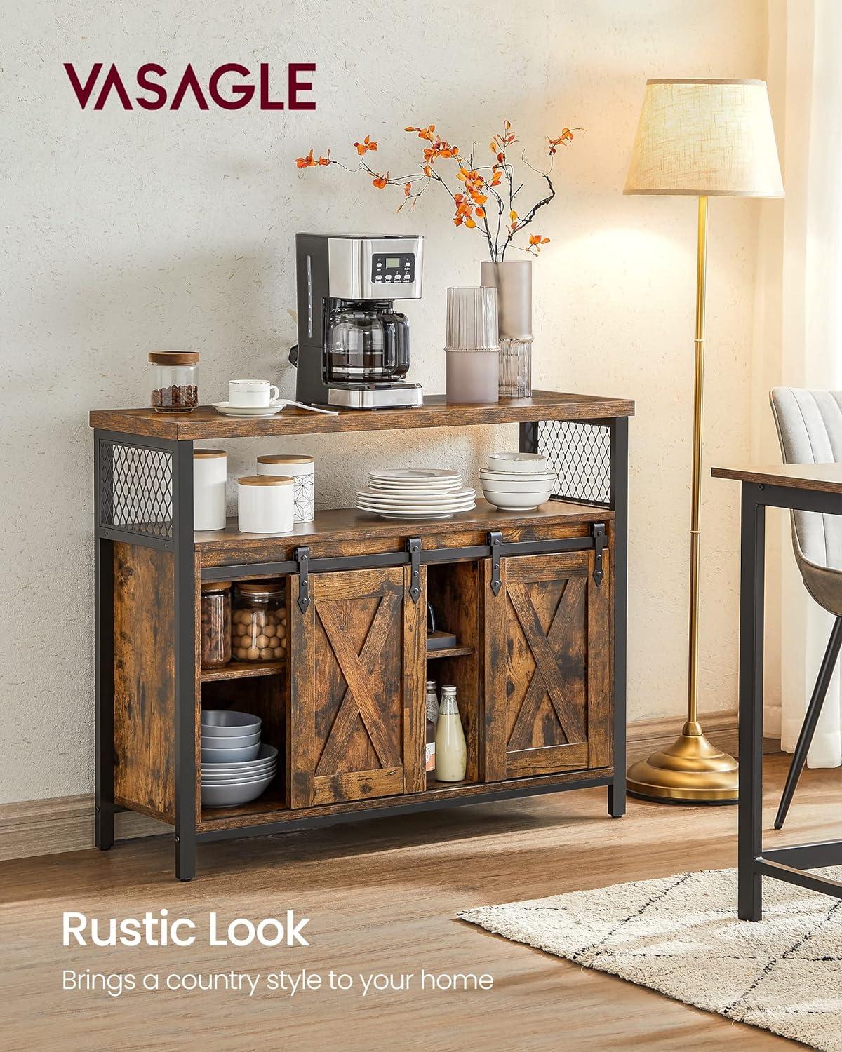 VASAGLE Buffet Sideboard Storage Cabinet with Adjustable Shelf and Sliding Barn Door Rustic Brown and Black