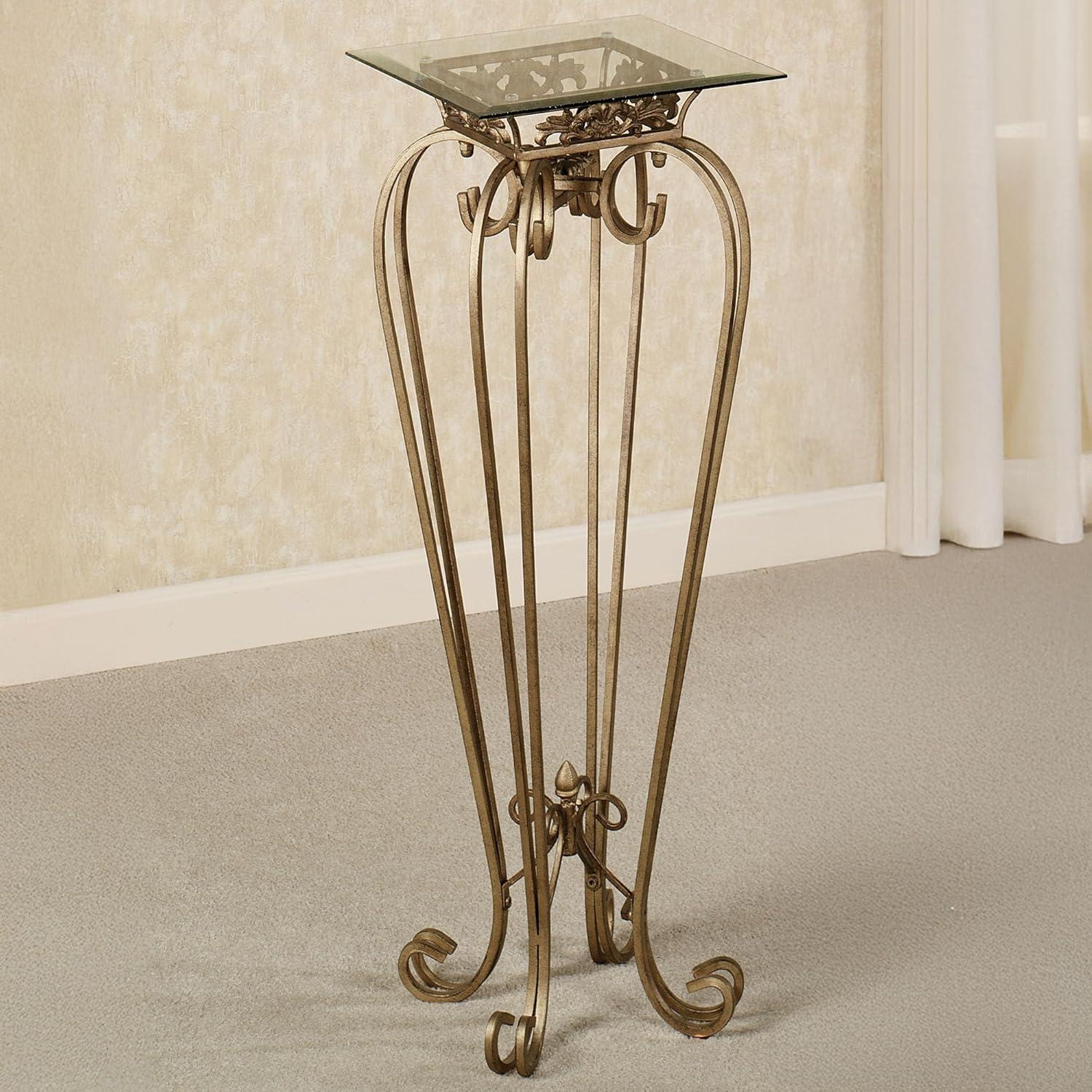Chalcedony Metal Scroll Pedestal Table with Beveled Glass Top Antique Gold 36" High