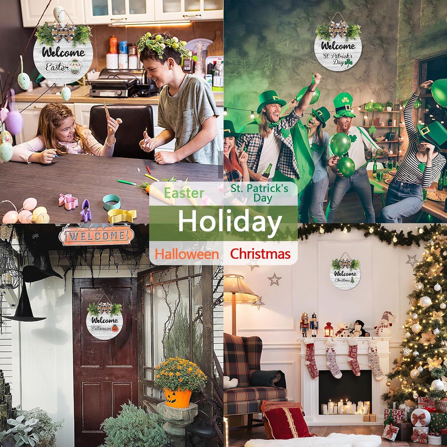 RoseCraft Interchangeable Wooden Seasonal White Welcome Sign, Rustic Welcome Front Door Wreaths for Home Wall Porch Decor, for Easter Spring Summer Fall Halloween Christmas All Season Decorations.