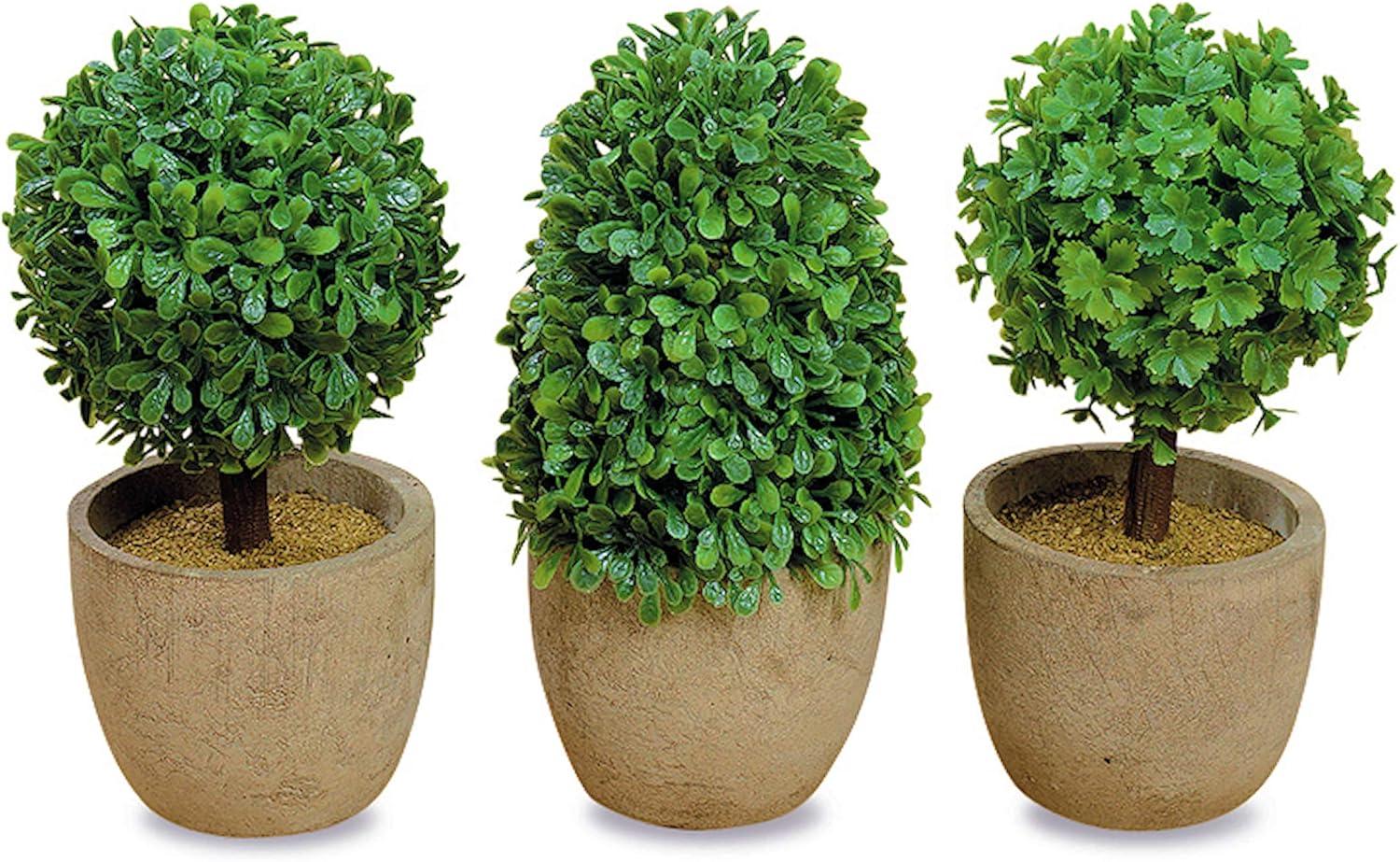 Realistic Faux Boxwood Sculptural Topiary, Set of 3, Curly Leaf, Cone and Ball Tops, Gray Stone Pot, Each 5 1/2 Inches Tall, Mixed Materials