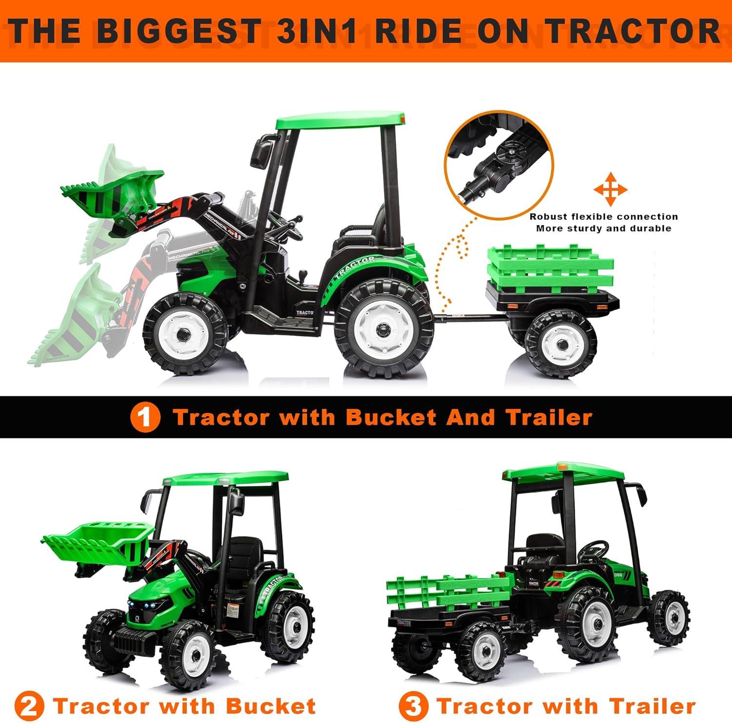 24V Green Ride-On Tractor with Trailer and Loader