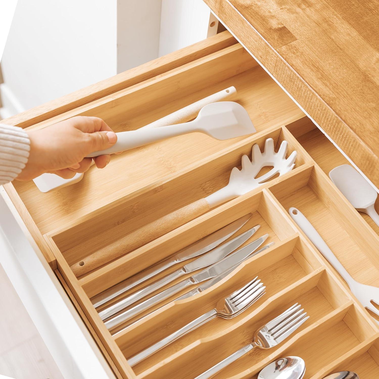 Premium Silverware, Flatware and Utensil Organizer for Kitchen Drawers, Expandable from 14 to 25 Inches Wide, 10 Compartments, 100% Bamboo Von 35 cm bis 63 cm Breite