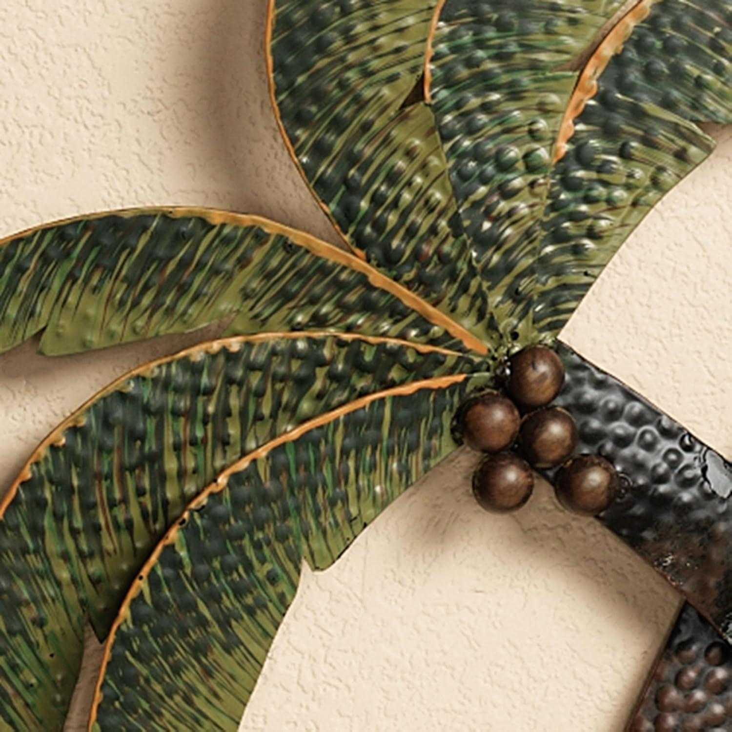 Handpainted Green and Brown Metal Palm Tree Wall Sculpture