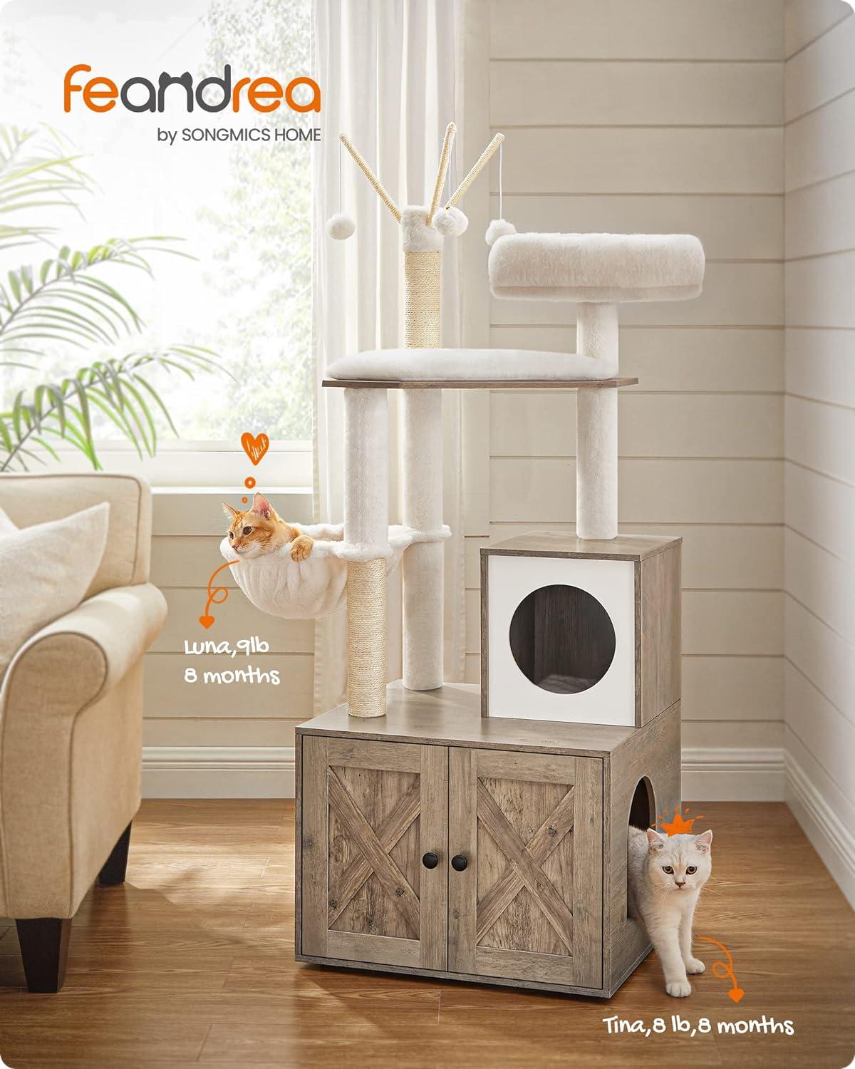 Feandrea Cat Tree with Litter Box Enclosure, 2-in-1 Modern Cat Tower, 55.1-Inch Cat Condo with Scratching Posts, Removable Pompom Sticks, Greige UPCT113G01