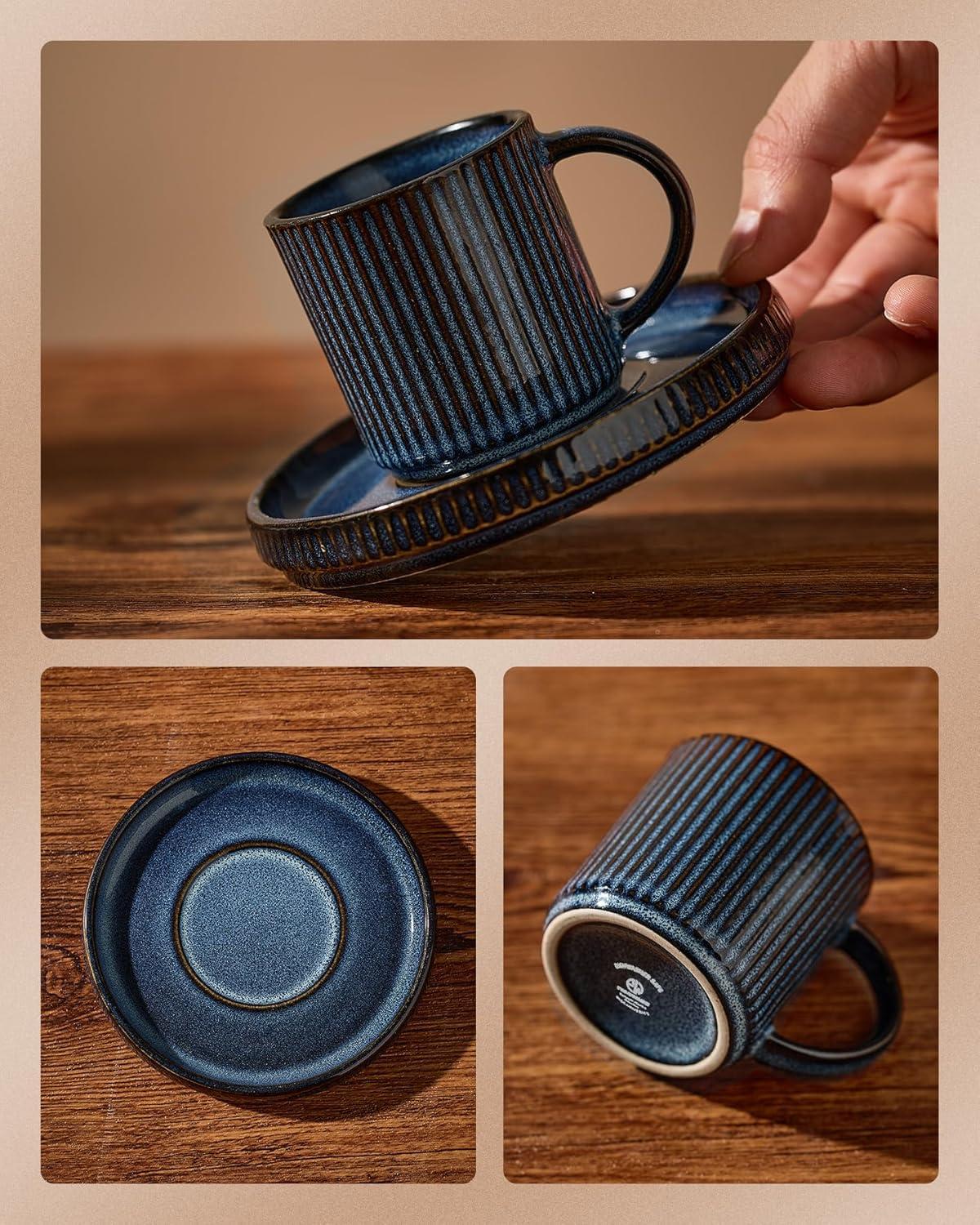 Espresso Cups and Saucers Set of 4, [ Mini ] 3 oz Ceramic Small Coffee Mug with Handle, Ribbed Stoneware Demitasse Cup for Tea, Latte - Microwave & Dishwasher Safe - Nebulas Blue