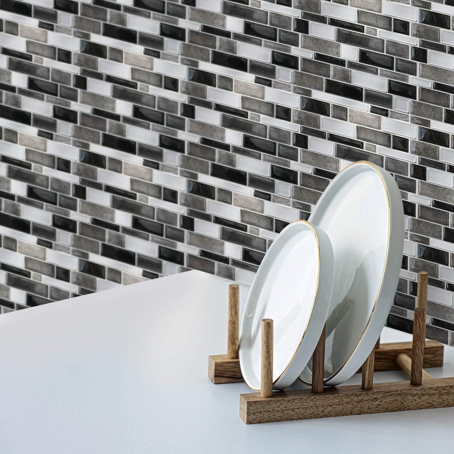 Main Street 10.5" x 10.5" Silver & Black Mosaic Vinyl Peel and Stick Tiles (4-Pack). Removable Tiles for Walls or Backsplash